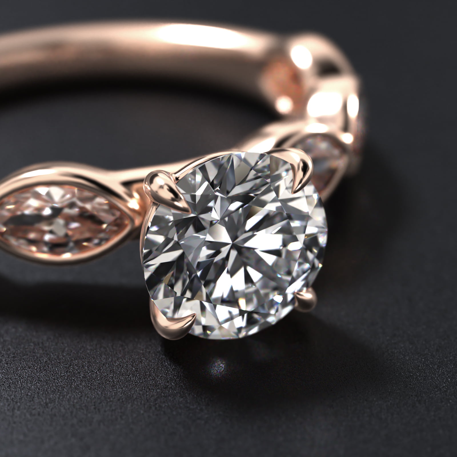 Bezel Set Marquise Cut Side Stone Diamond Engagement Ring In 14K Rose Gold