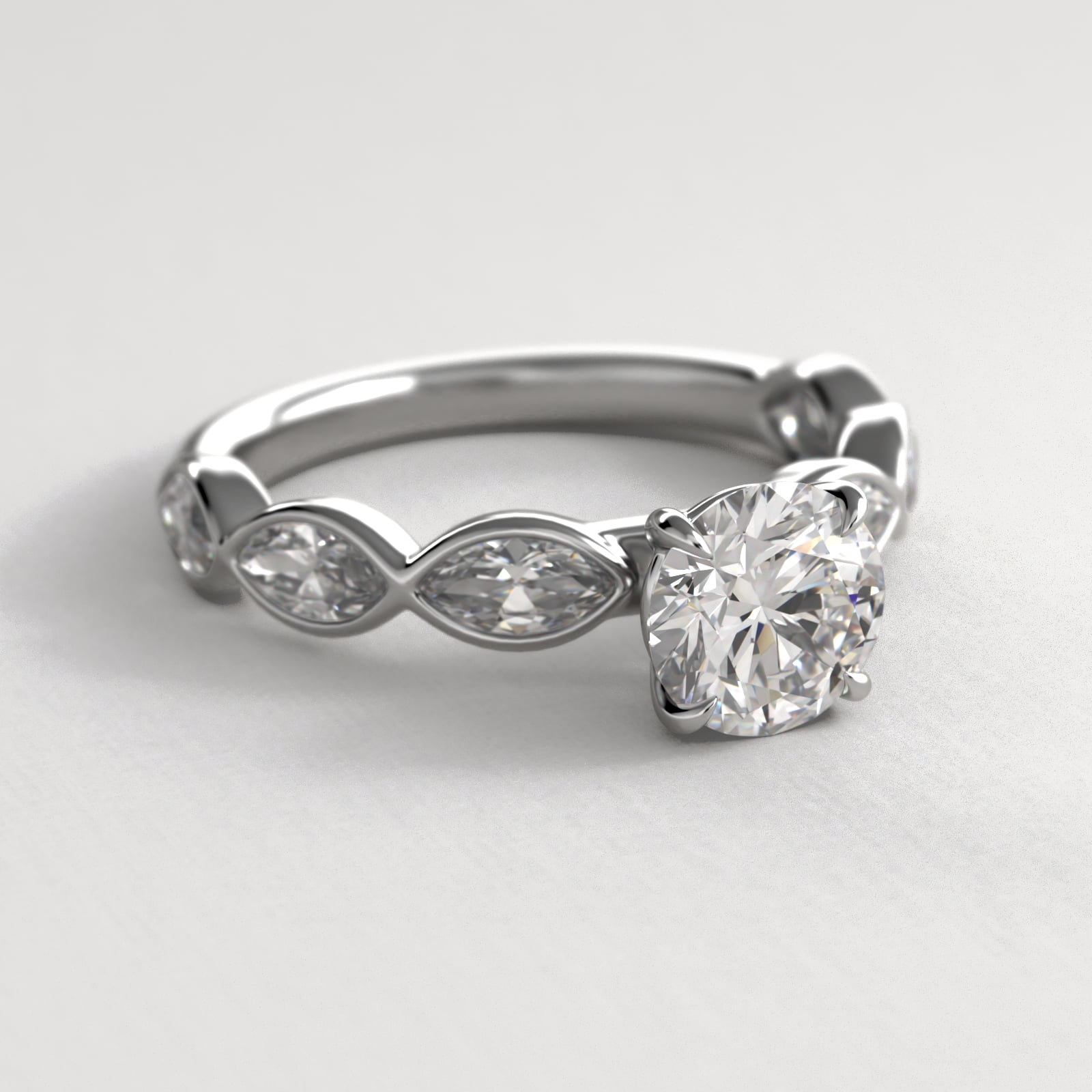 Bezel Set Marquise Cut Side Stone Diamond Engagement Ring In 18K White Gold