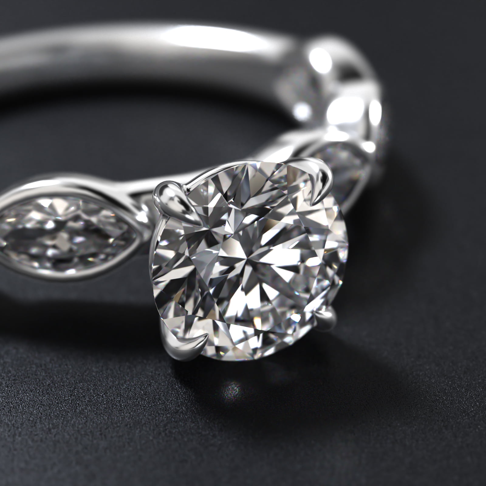 Bezel Set Marquise Cut Side Stone Diamond Engagement Ring In 18K White Gold