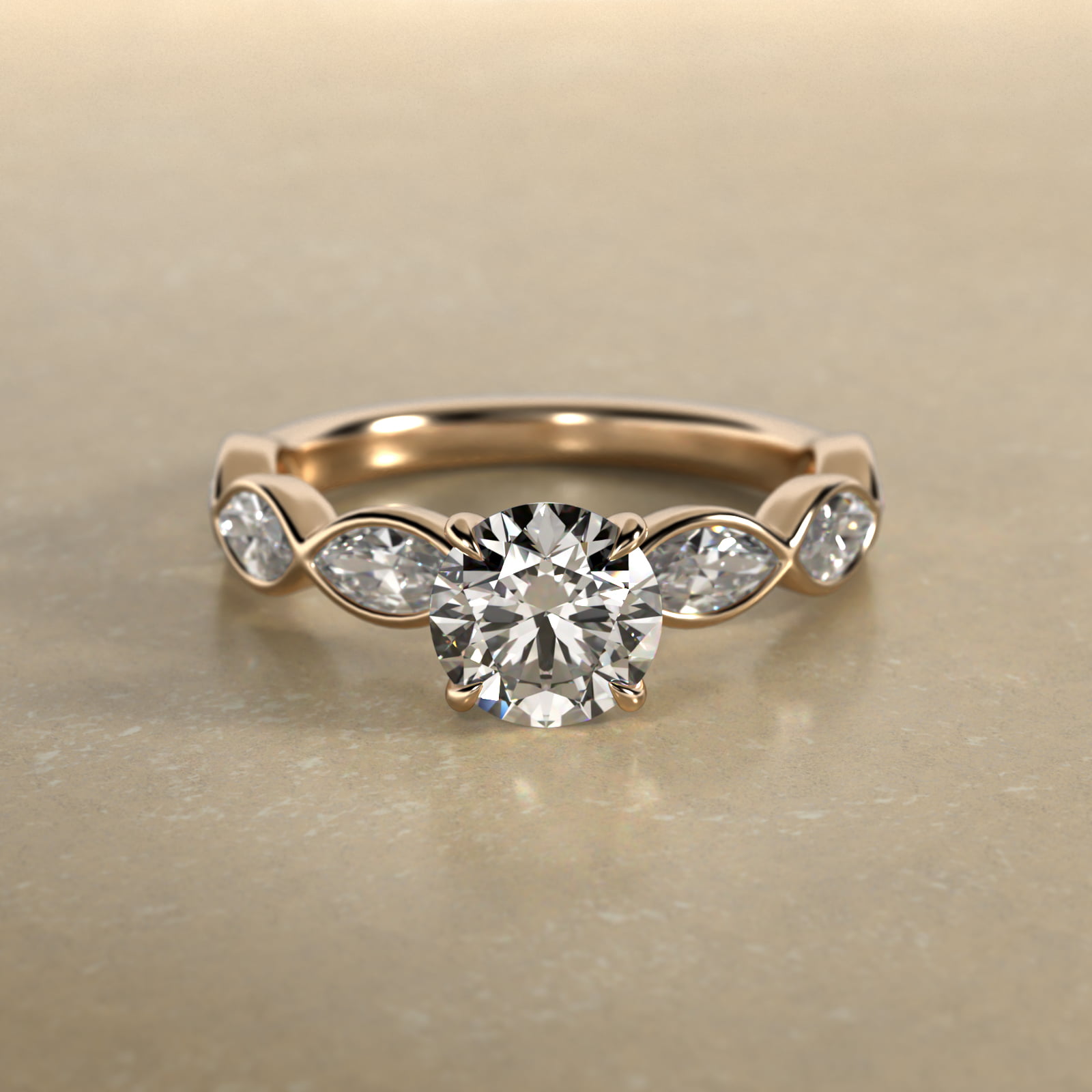 Bezel Set Marquise Cut Side Stone Diamond Engagement Ring In 18K Yellow Gold