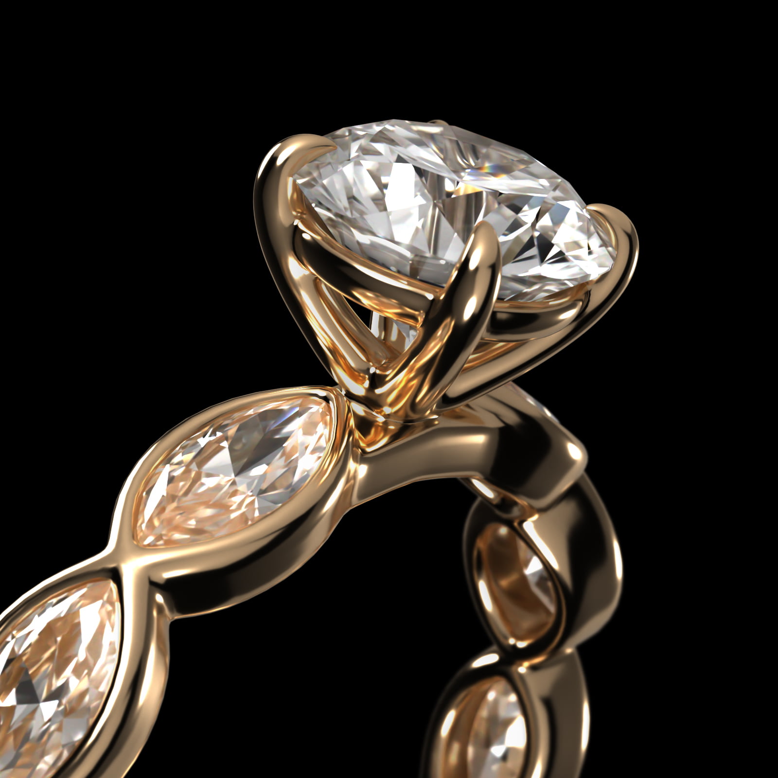 Bezel Set Marquise Cut Side Stone Diamond Engagement Ring In 18K Yellow Gold