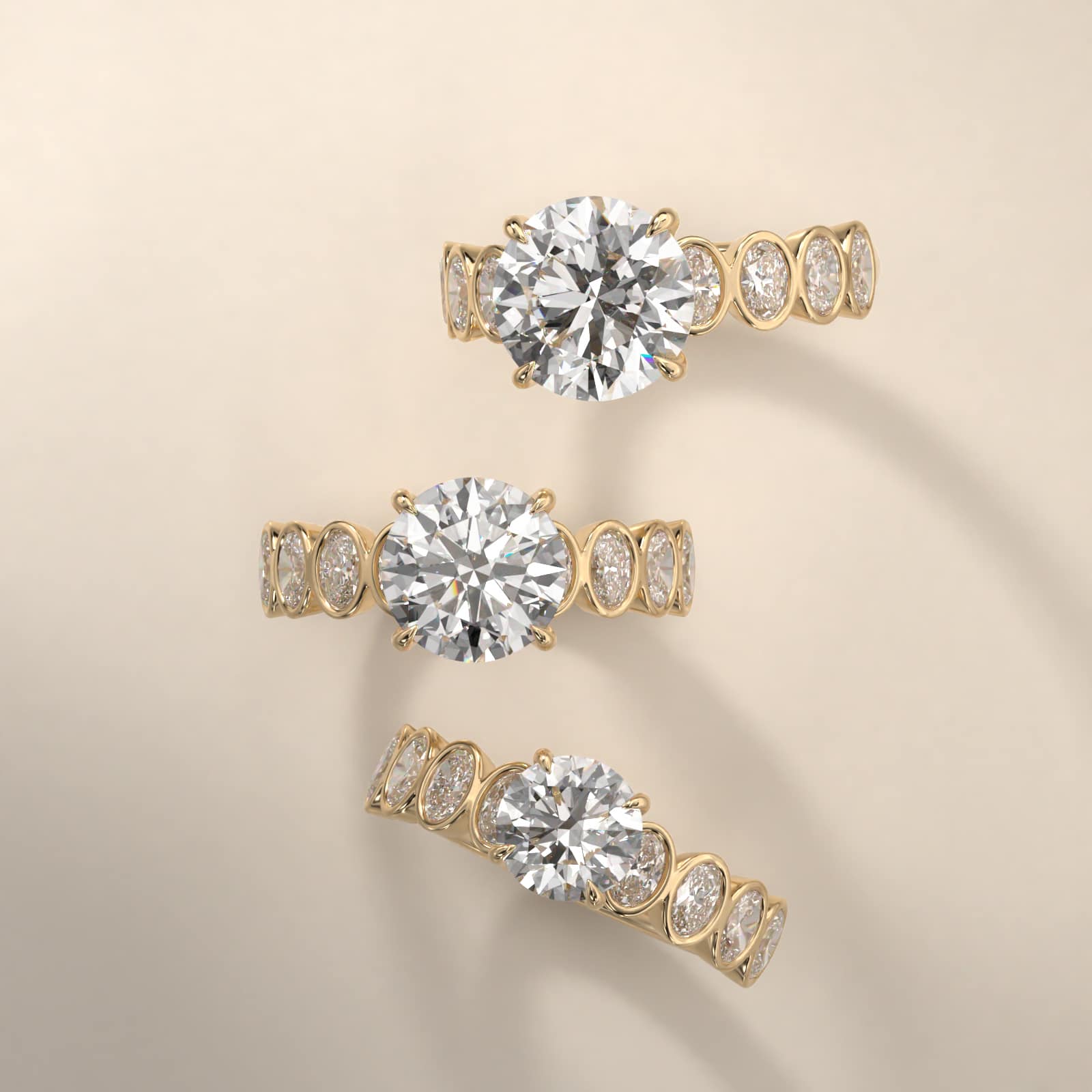 Bezel Set Oval Cut Side Stone Diamond Engagement Ring In 18K Yellow Gold