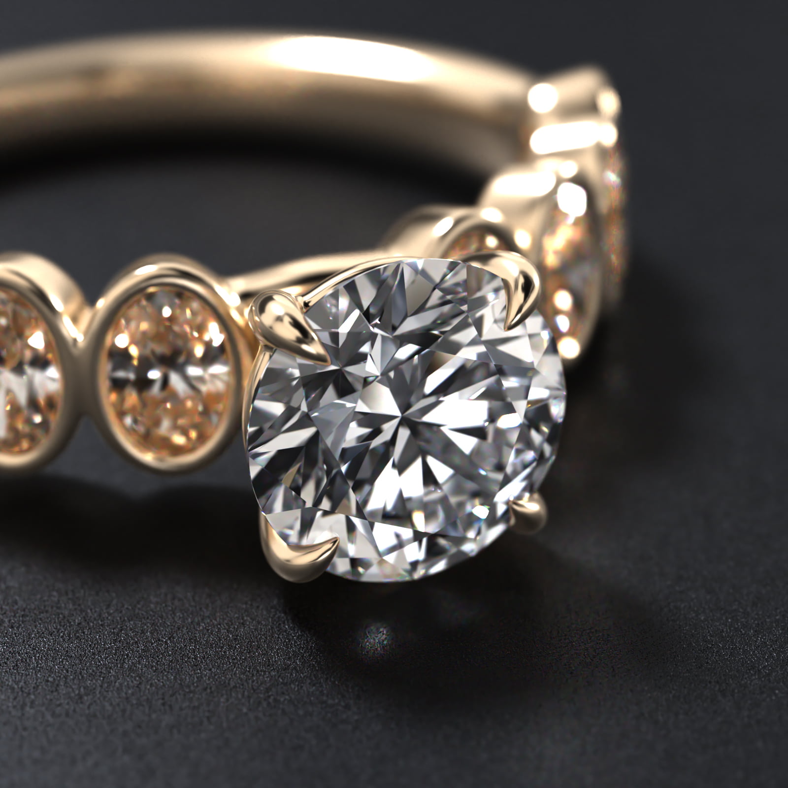 Bezel Set Oval Cut Side Stone Diamond Engagement Ring In 14K Yellow Gold