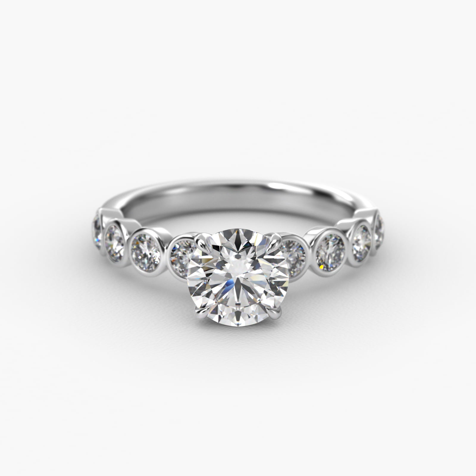 Bezel Set Round Side Stone Diamond Engagement Ring In 14K White Gold