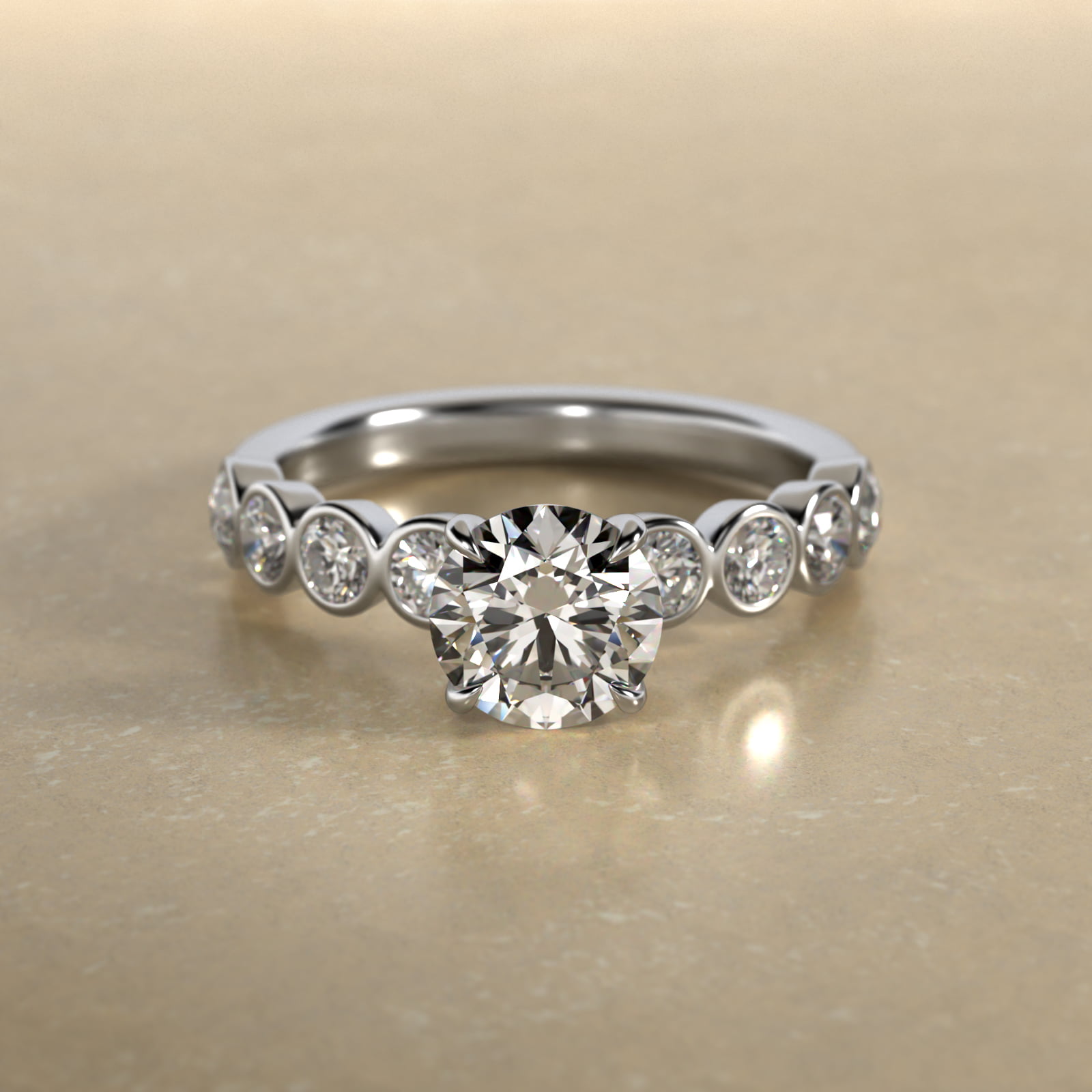 Bezel Set Round Side Stone Diamond Engagement Ring In 18K White Gold