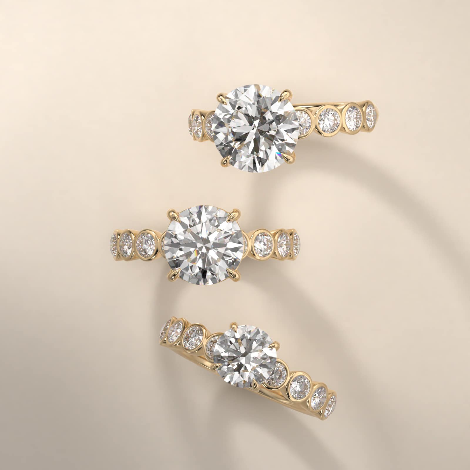 Bezel Set Round Side Stone Diamond Engagement Ring In 14K Yellow Gold