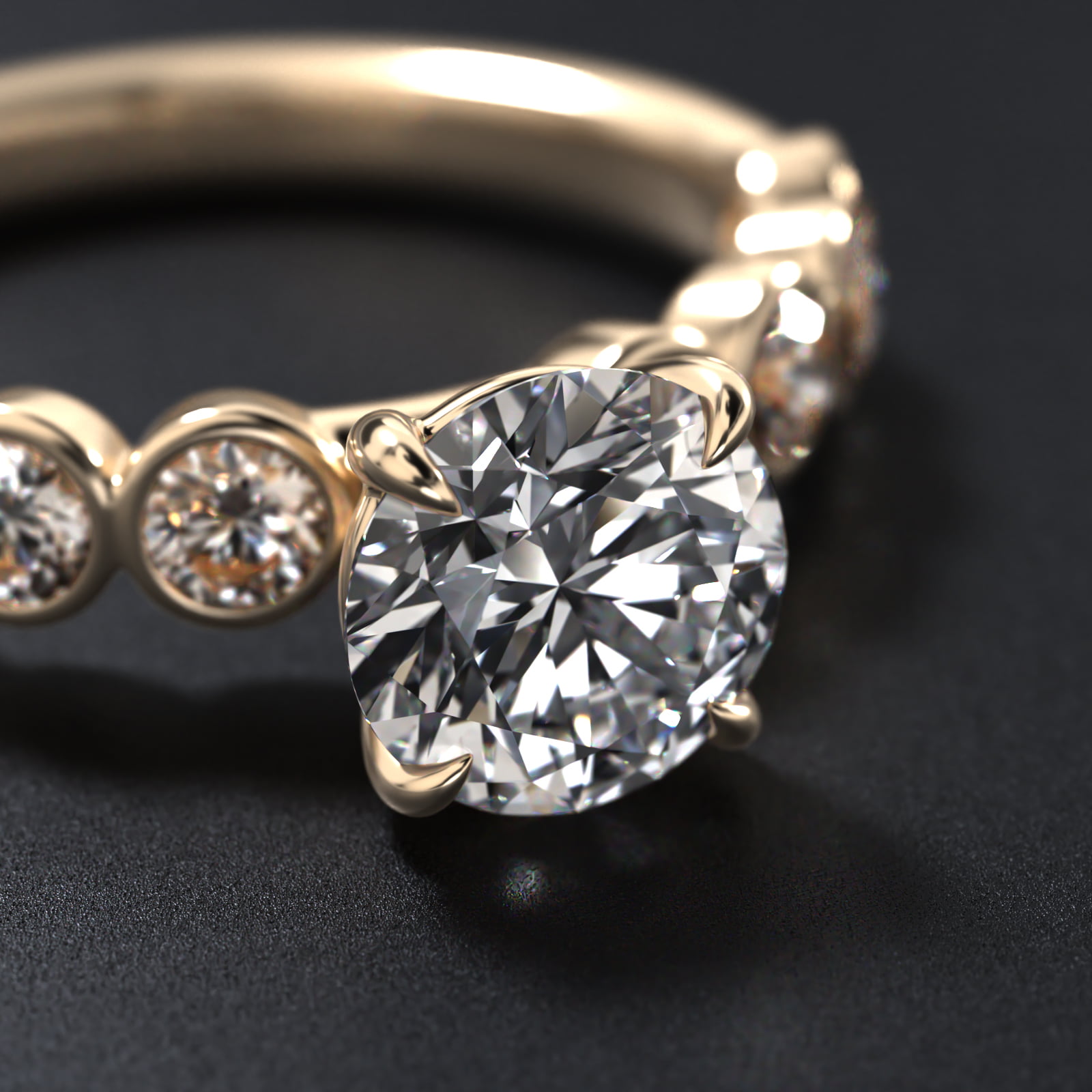 Bezel Set Round Side Stone Diamond Engagement Ring In 18K Yellow Gold