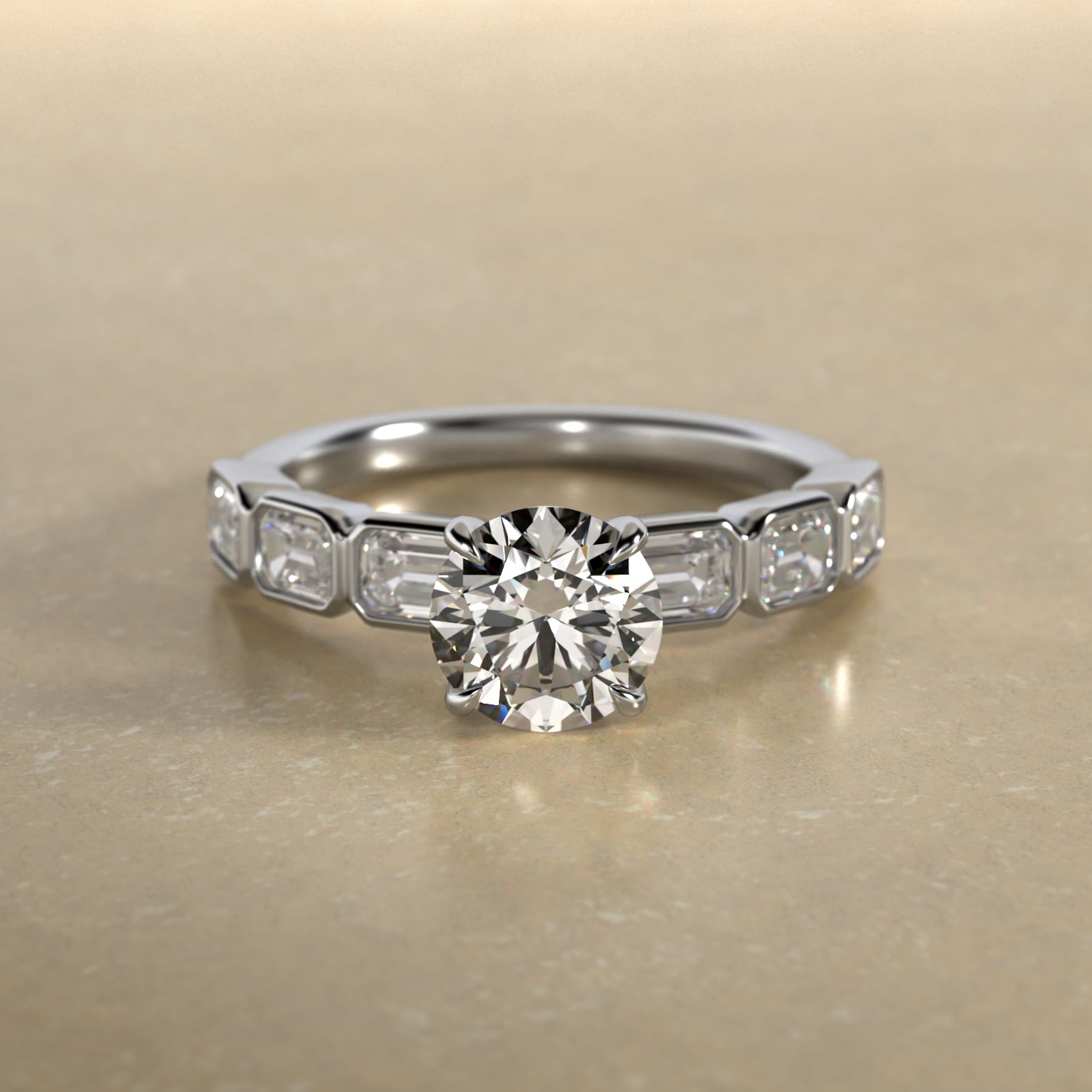 Bezel Set Emerald Cut Side Stone Diamond Engagement Ring In Platinum
