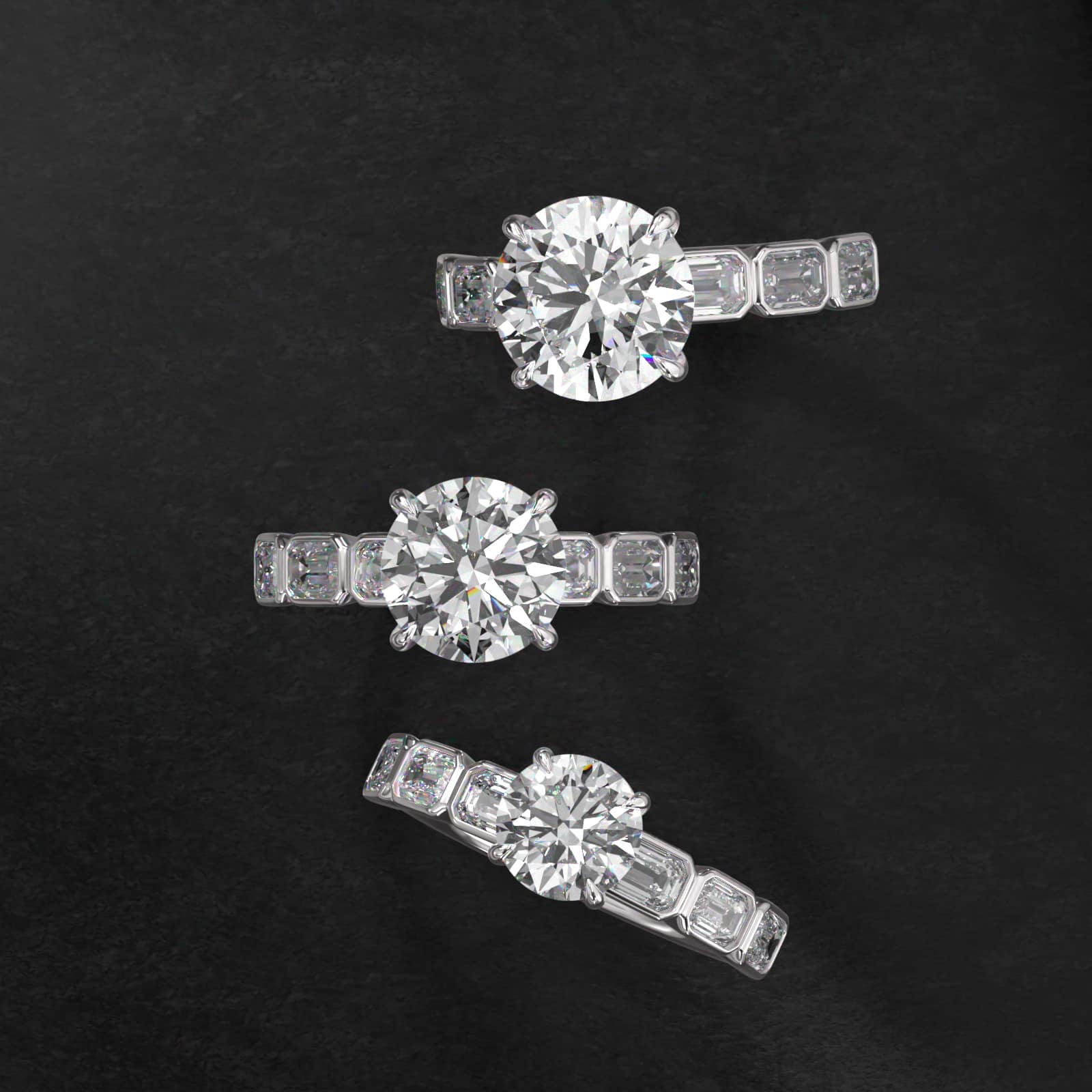 Bezel Set Emerald Cut Side Stone Diamond Engagement Ring In Platinum