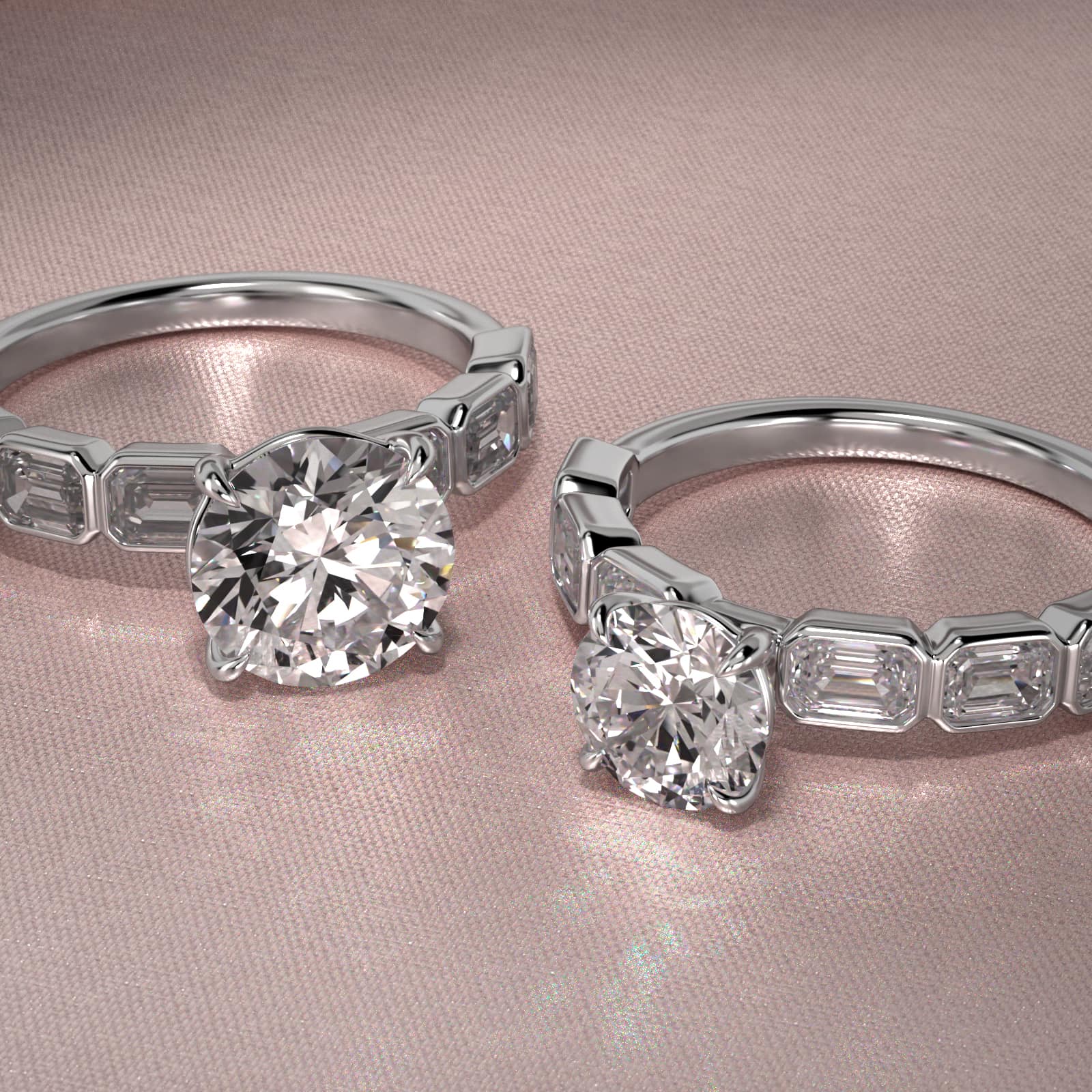 Bezel Set Emerald Cut Side Stone Diamond Engagement Ring In 14K White Gold