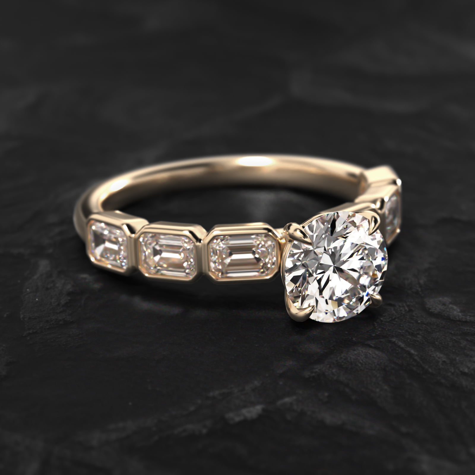 Bezel Set Emerald Cut Side Stone Diamond Engagement Ring In 14K Yellow Gold
