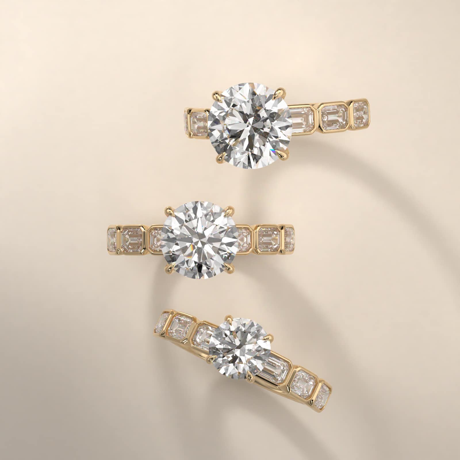 Bezel Set Emerald Cut Side Stone Diamond Engagement Ring In 18K Yellow Gold