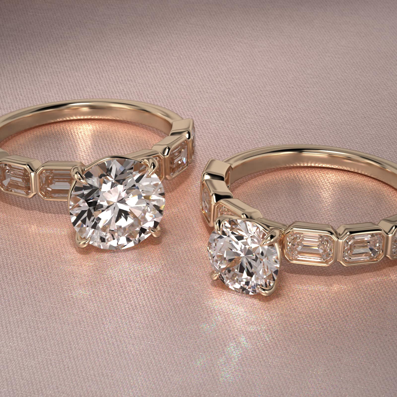 Bezel Set Emerald Cut Side Stone Diamond Engagement Ring In 14K Yellow Gold