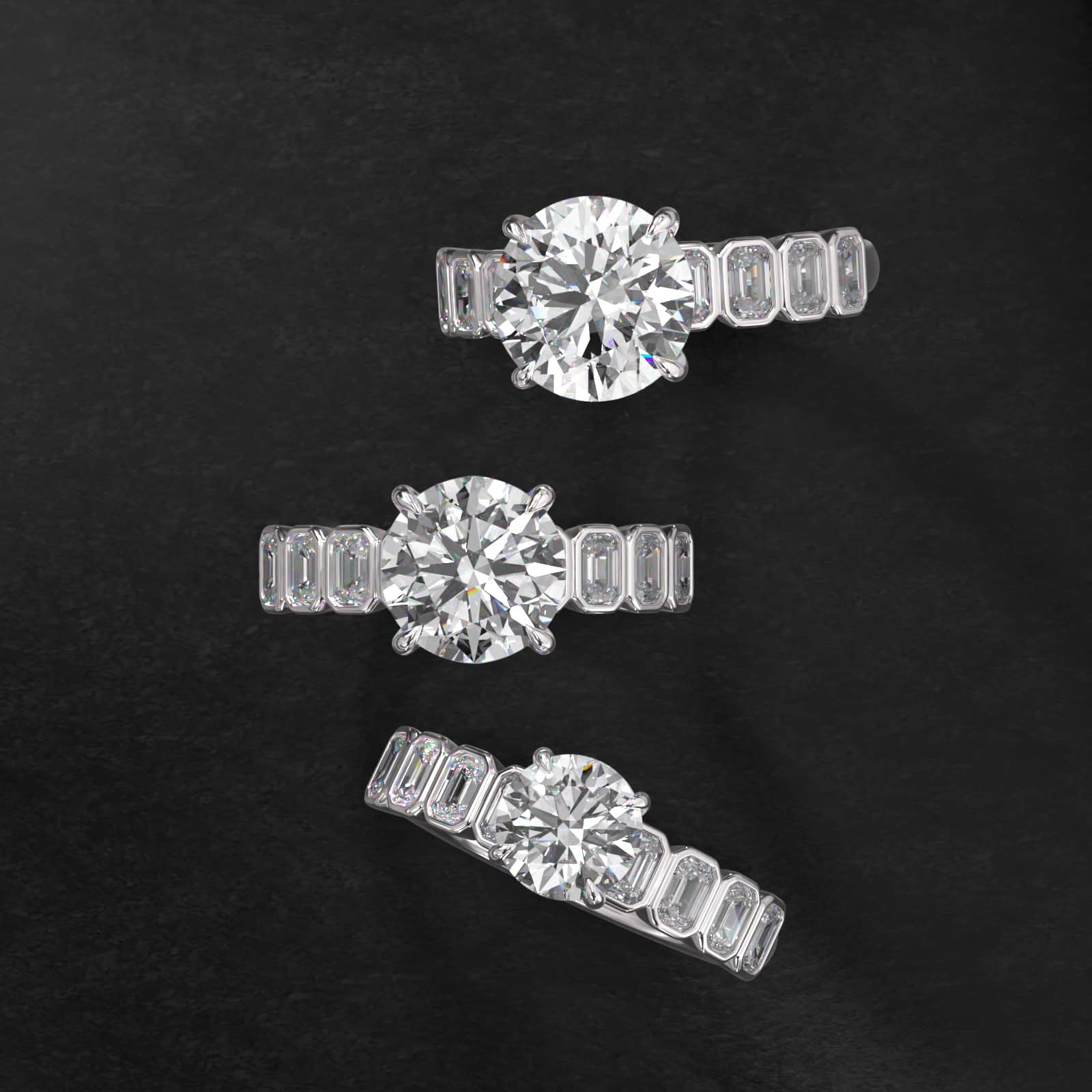 Bezel Set Emerald Cut Side Stone Diamond Engagement Ring In Platinum