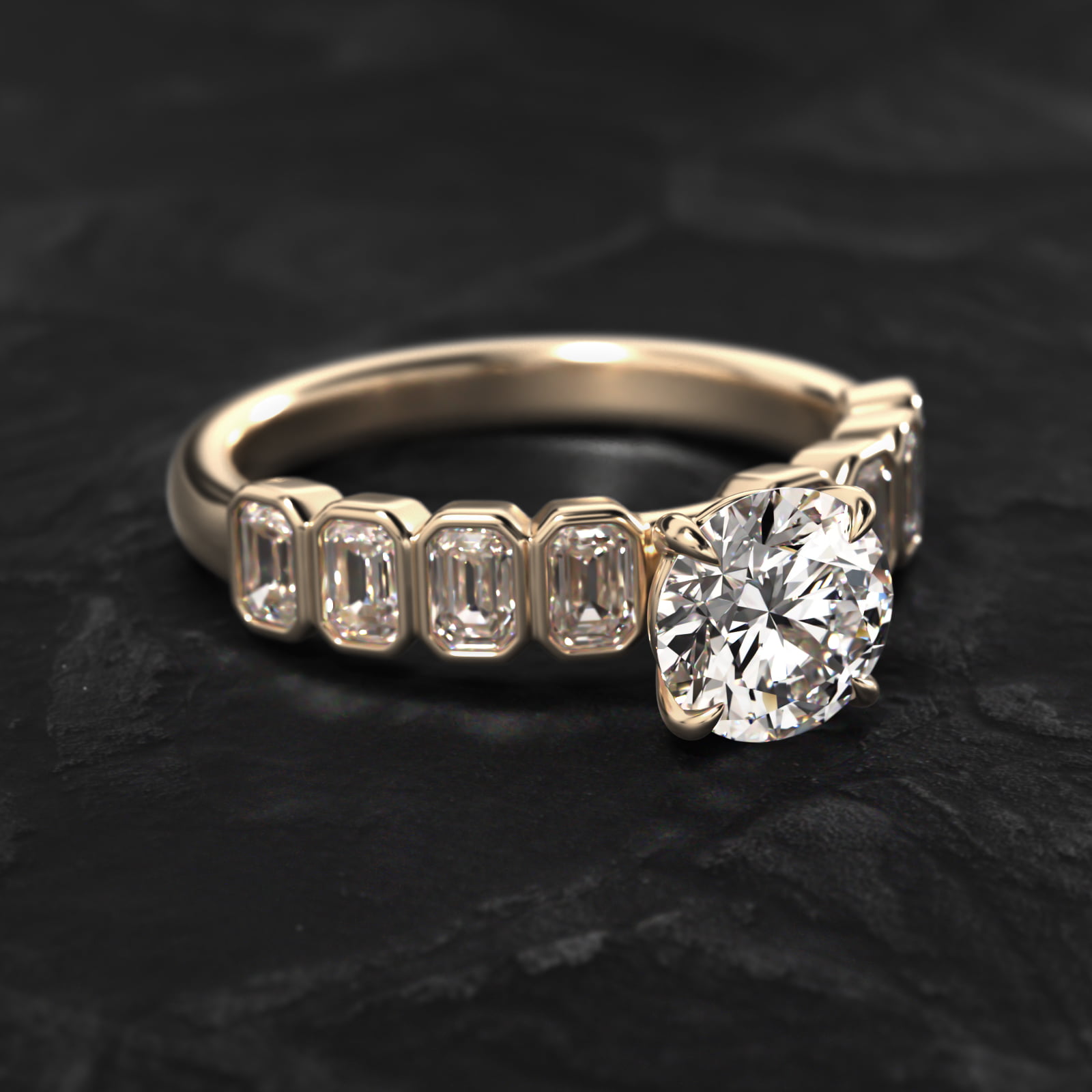 Bezel Set Emerald Cut Side Stone Diamond Engagement Ring In 18K Yellow Gold