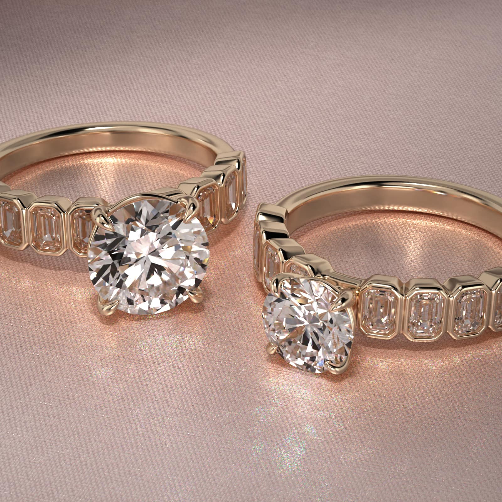 Bezel Set Emerald Cut Side Stone Diamond Engagement Ring In 18K Yellow Gold