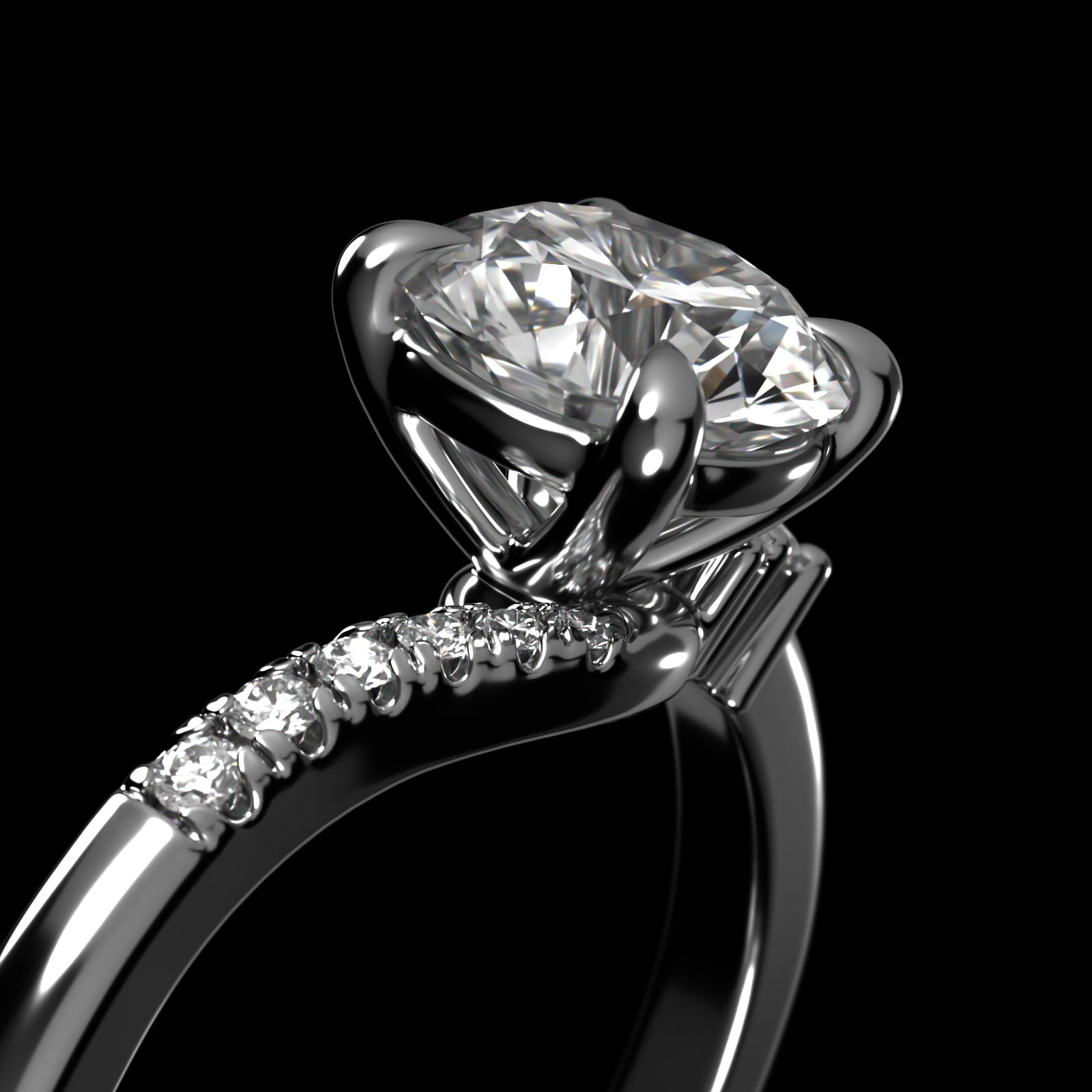 Marquise and Round Diamond Wave Pavé Engagement Ring In 14K White Gold