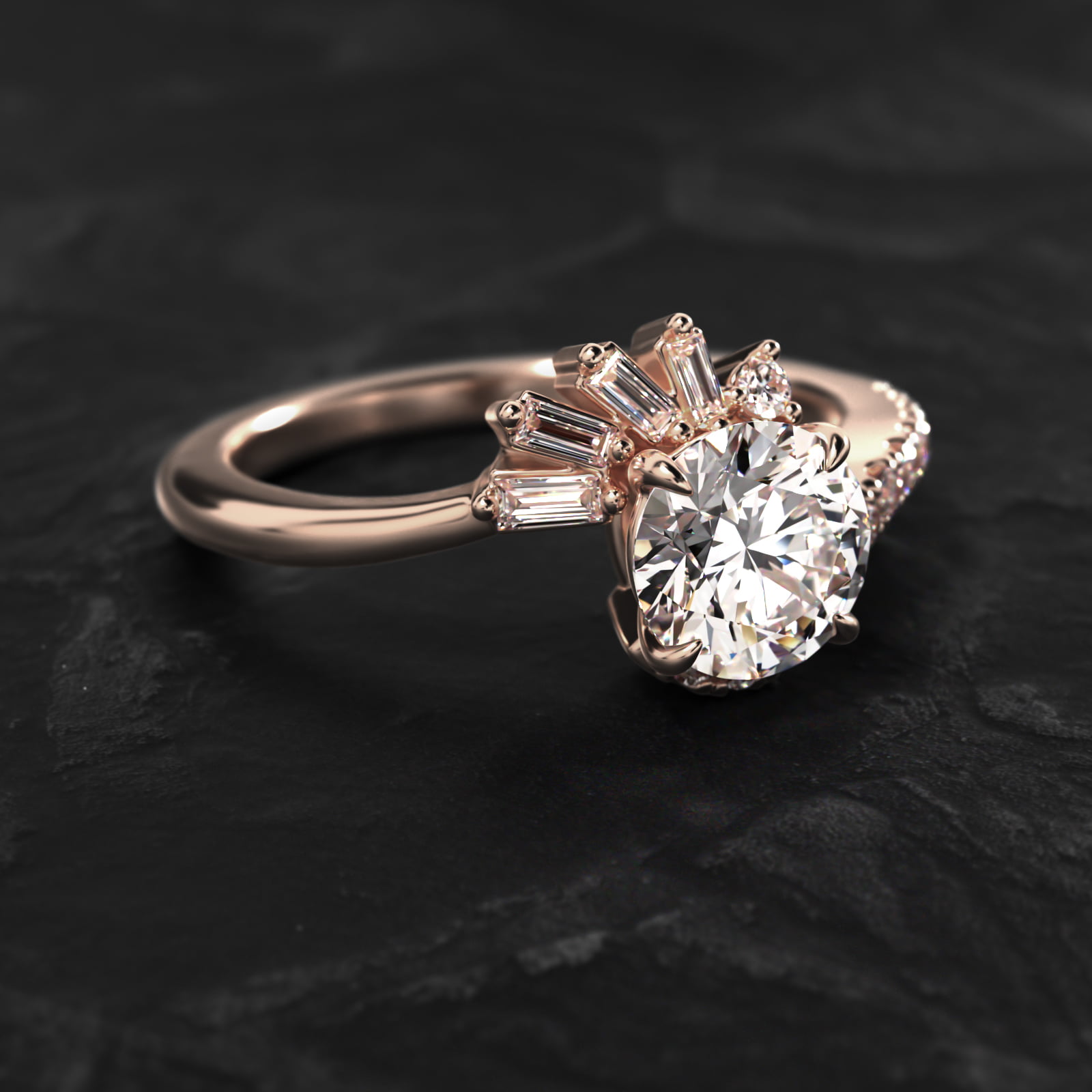 Feathered Diamond Bypass Side Stone Engagement Ring In 14K Rose Gold