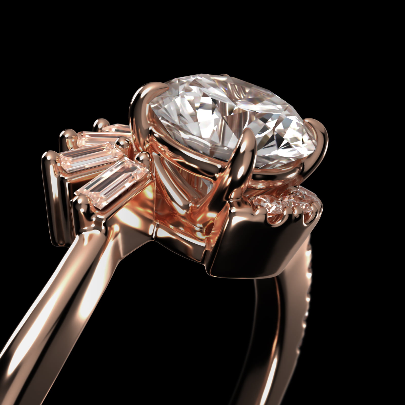 Feathered Diamond Bypass Side Stone Engagement Ring In 14K Rose Gold