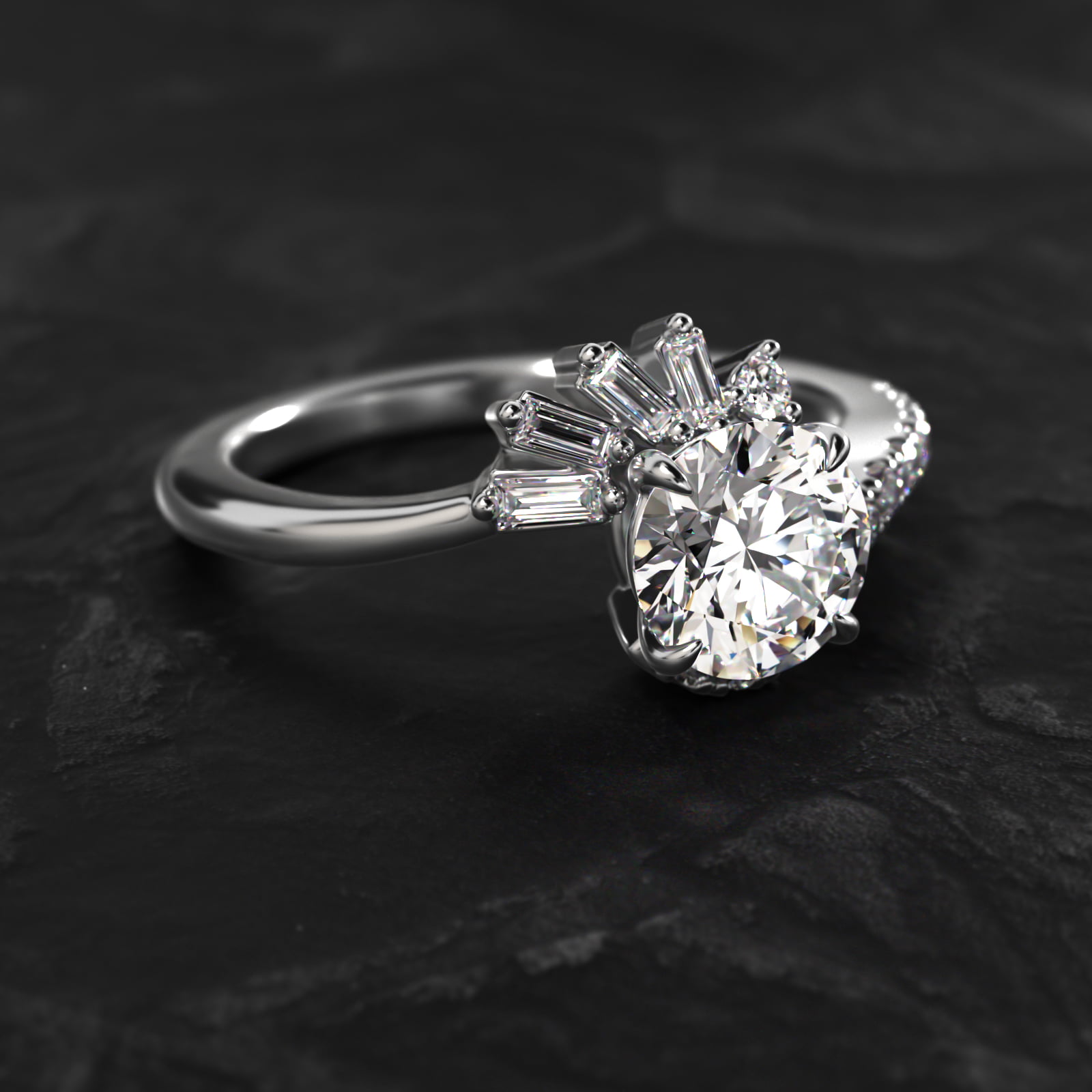 Feathered Diamond Bypass Side Stone Engagement Ring In 14K White Gold