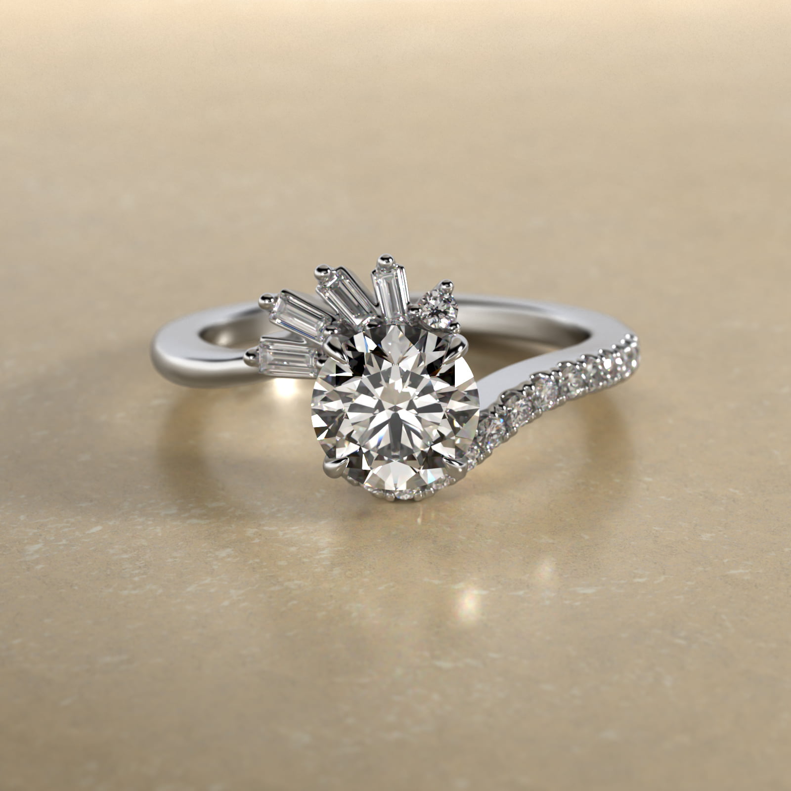 Feathered Diamond Bypass Side Stone Engagement Ring In 18K White Gold