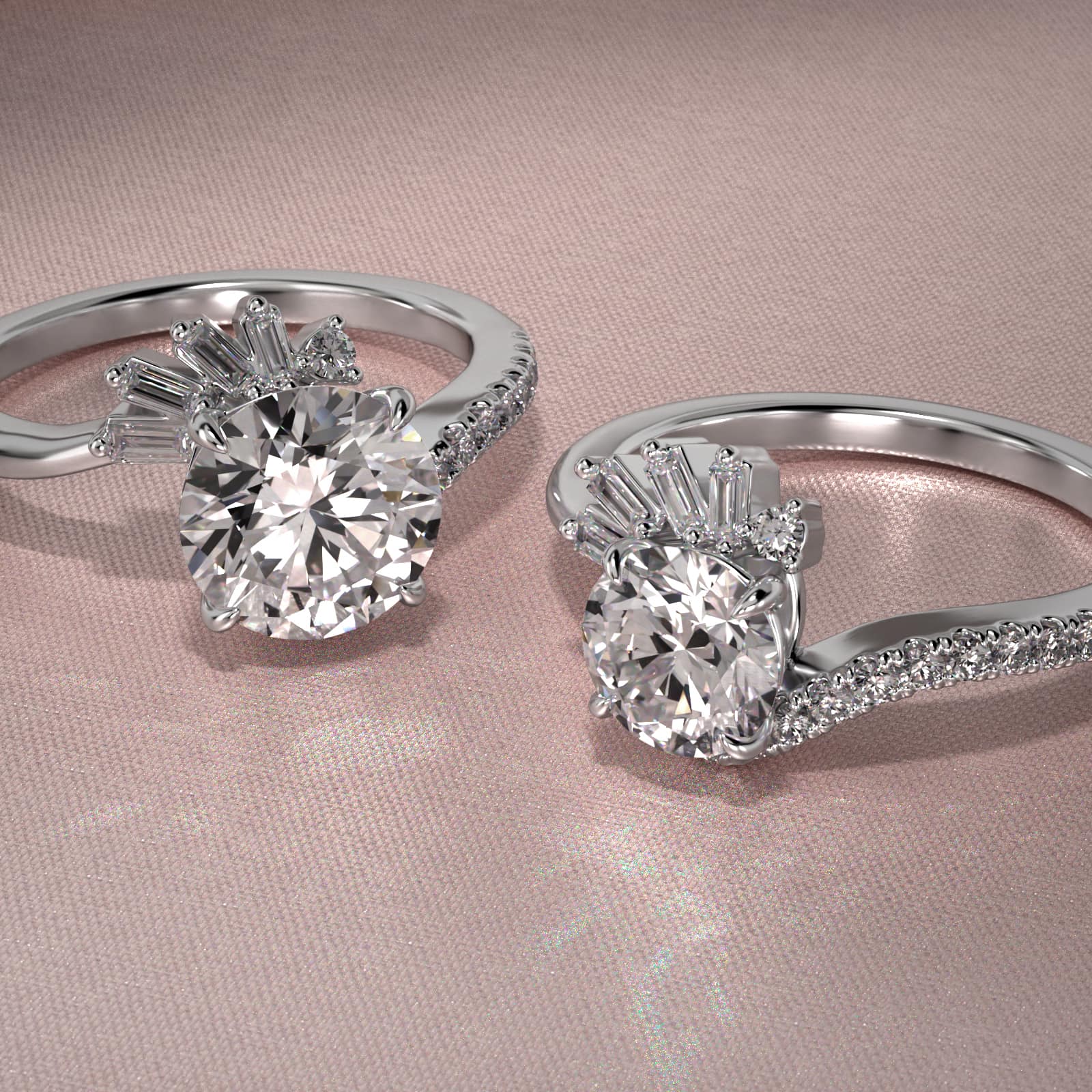 Feathered Diamond Bypass Side Stone Engagement Ring In 14K White Gold