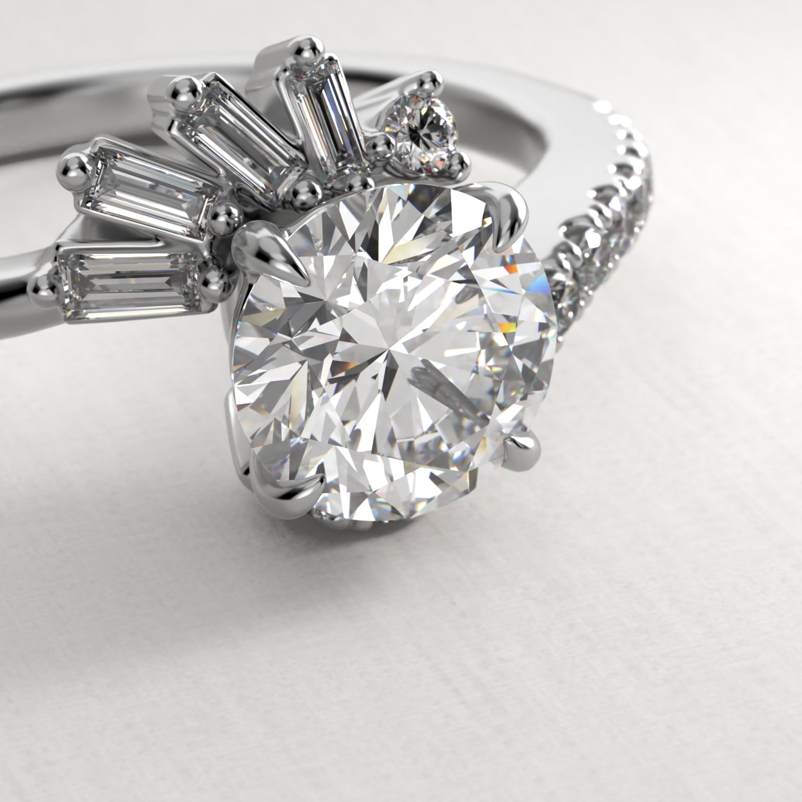 Feathered Diamond Bypass Side Stone Engagement Ring In 14K White Gold