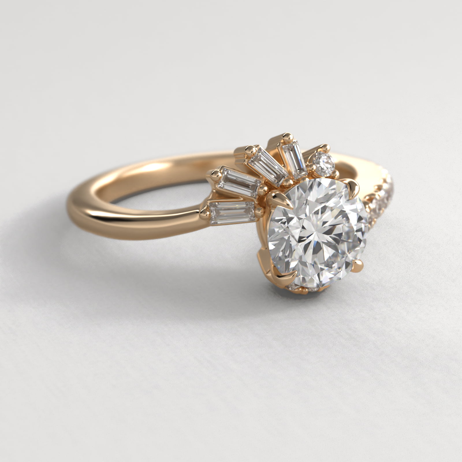 Feathered Diamond Bypass Side Stone Engagement Ring In 14K Yellow Gold