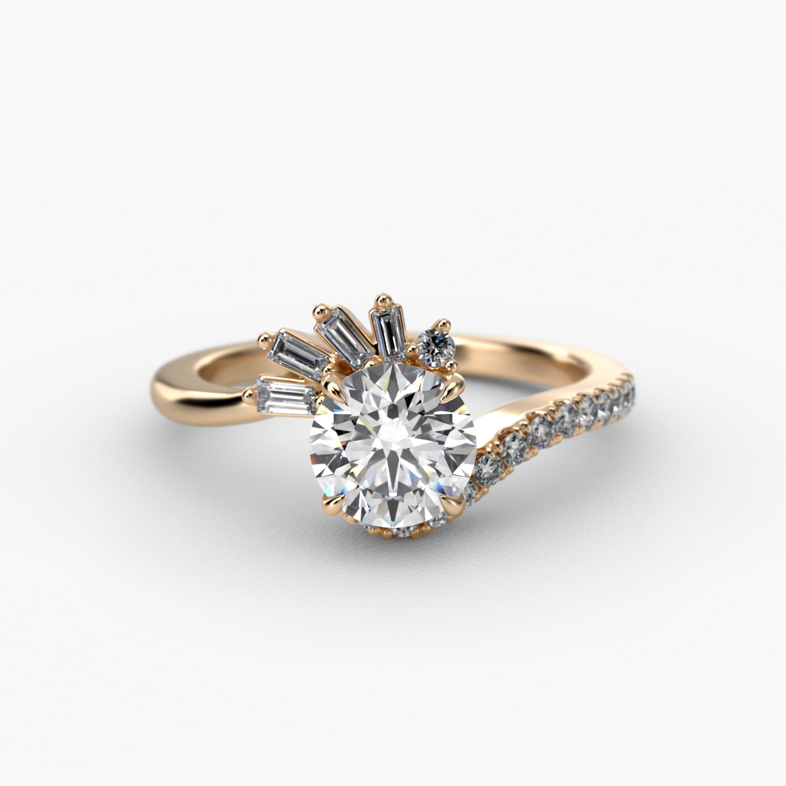 Feathered Diamond Bypass Side Stone Engagement Ring In 18K Yellow Gold