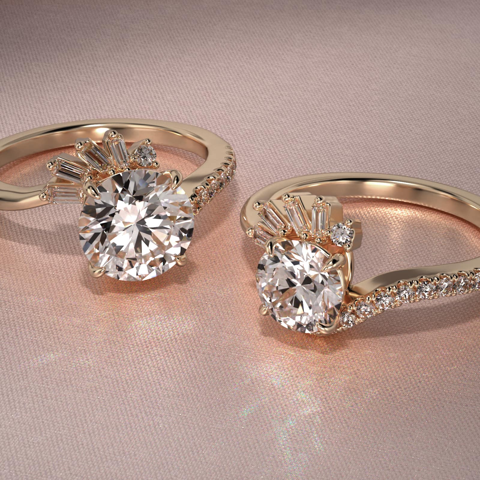 Feathered Diamond Bypass Side Stone Engagement Ring In 14K Yellow Gold