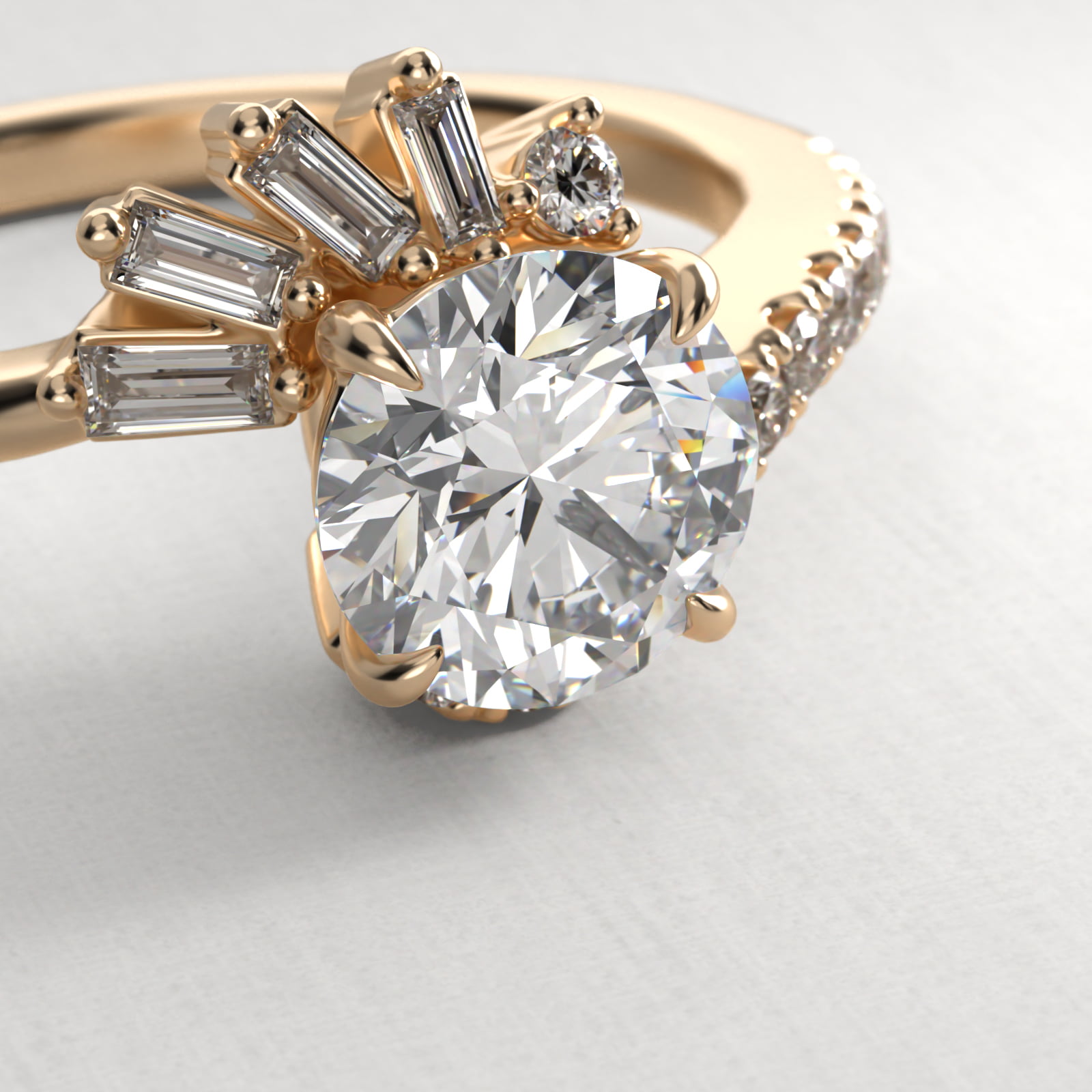 Feathered Diamond Bypass Side Stone Engagement Ring In 18K Yellow Gold