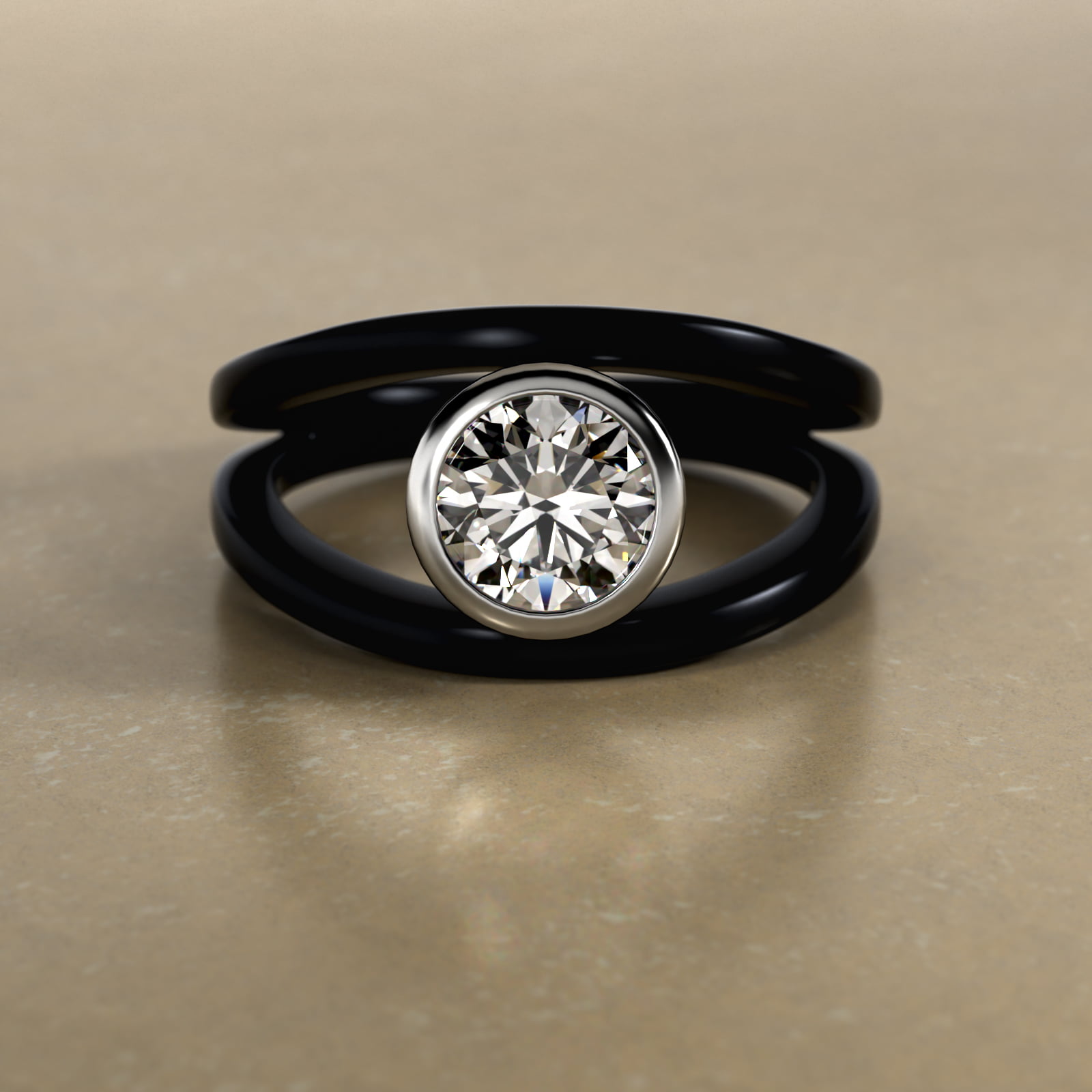 Bezel Set Open Space Noir Solitaire Engagement Ring In 18K Black And White Gold