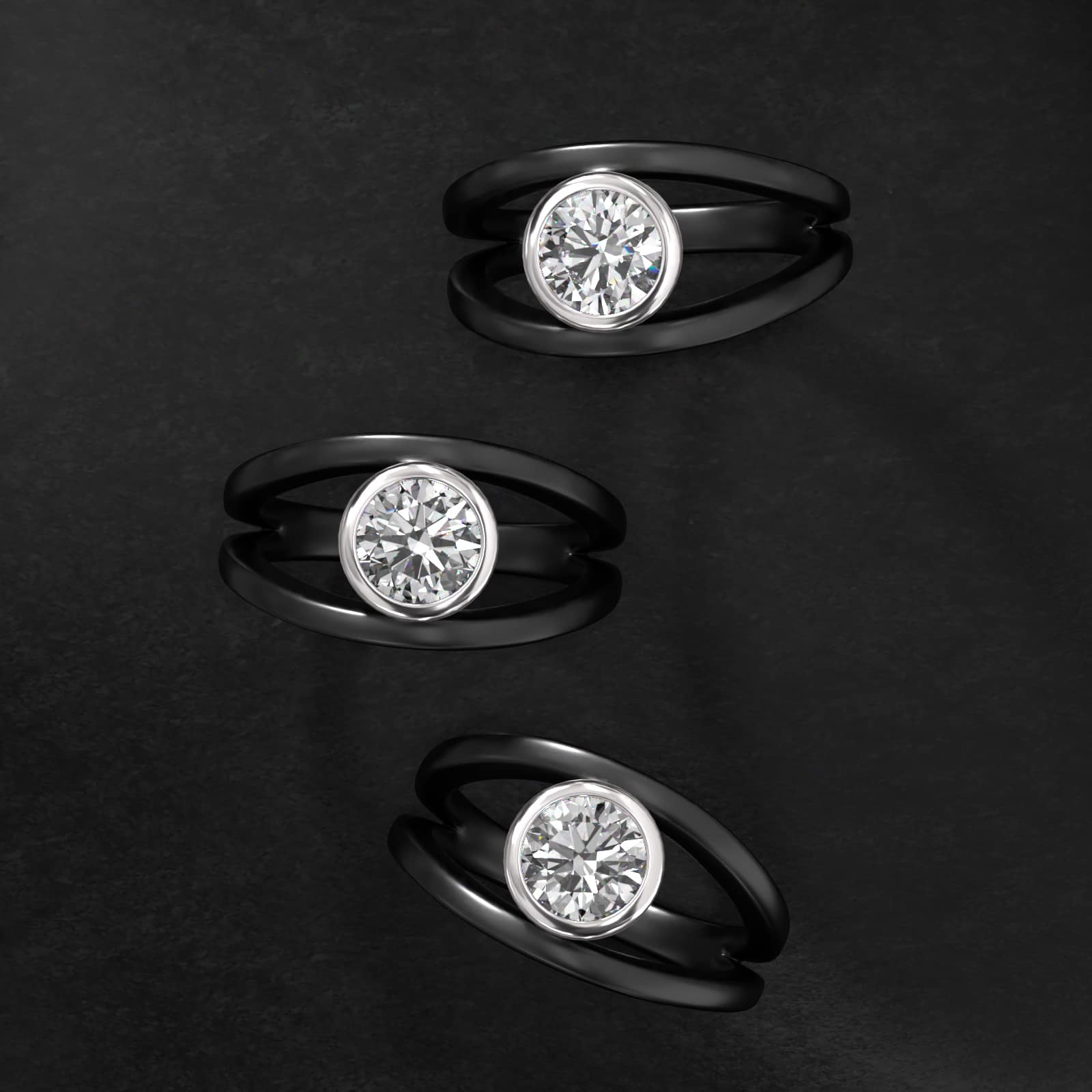 Bezel Set Open Space Noir Solitaire Engagement Ring In 18K Black And White Gold