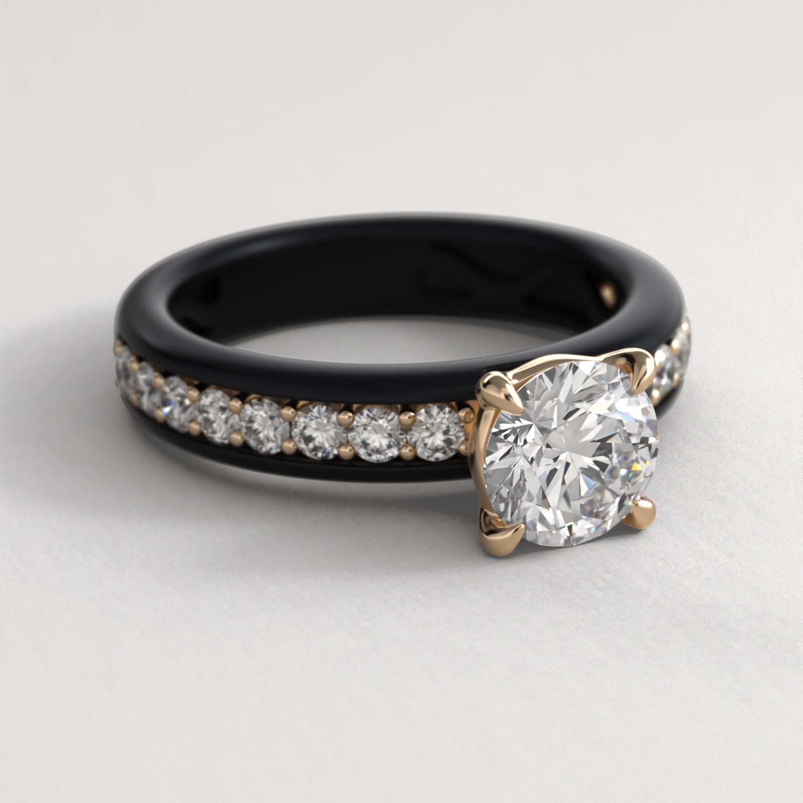 Pavé Noir Side Stone Diamond Engagement Ring In 18K Black And Yellow Gold