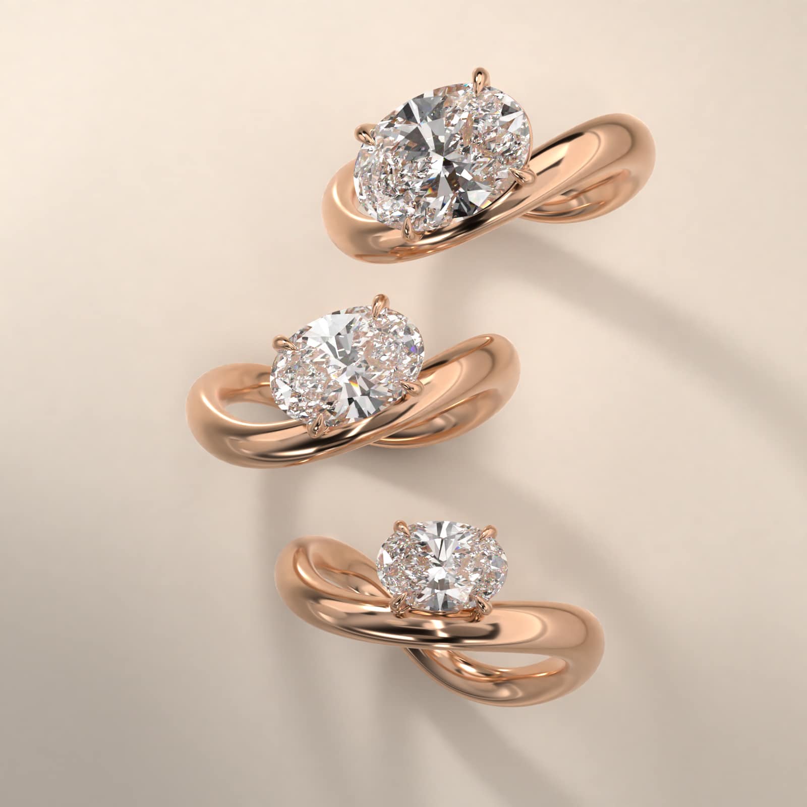 Sculptural Waves Diamond Solitaire Engagement Ring in 14K Rose Gold with Claw Prong Set  Diamond (2.4mm)