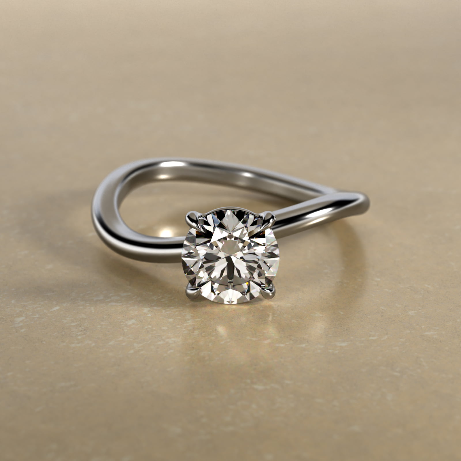 Sculptural Waves Diamond Solitaire Engagement Ring in 14K White Gold with Claw Prong Set  Diamond (2mm)