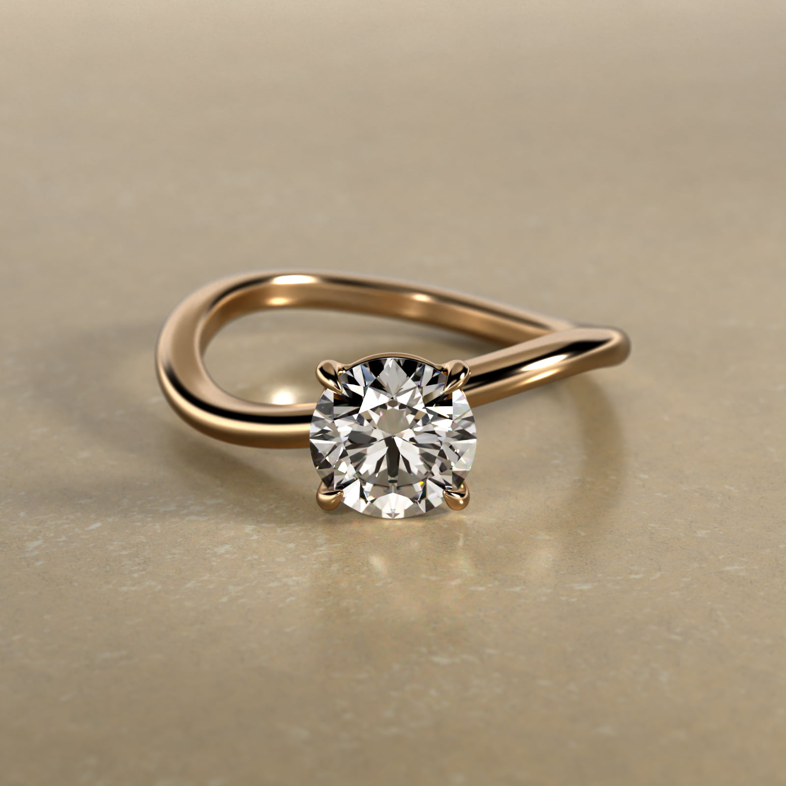 Sculptural Waves Diamond Solitaire Engagement Ring in 14K Yellow Gold with Claw Prong Set  Diamond (2mm)