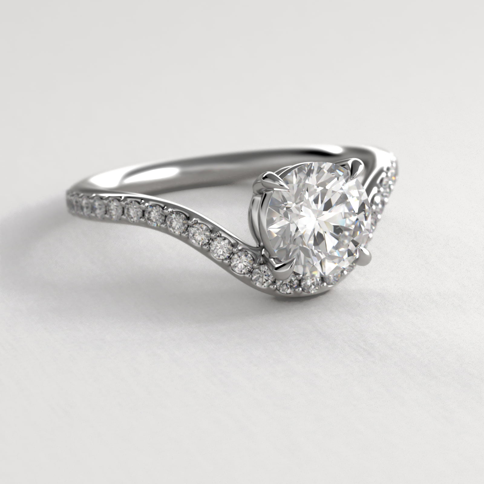 Sculptural Waves Pavé Diamond Engagement Ring in Platinum with Prong Set Round Diamond (2mm)
