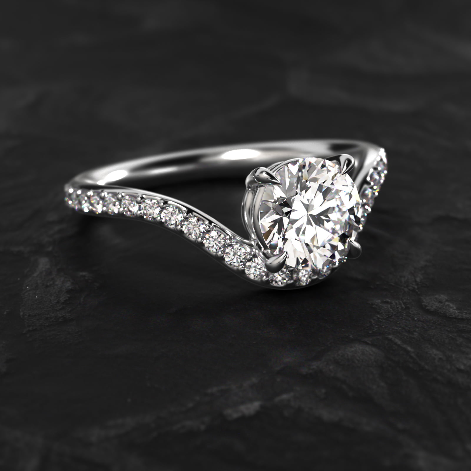 Sculptural Waves Pavé Diamond Engagement Ring in 18K White Gold with Prong Set Round Diamond (2mm)