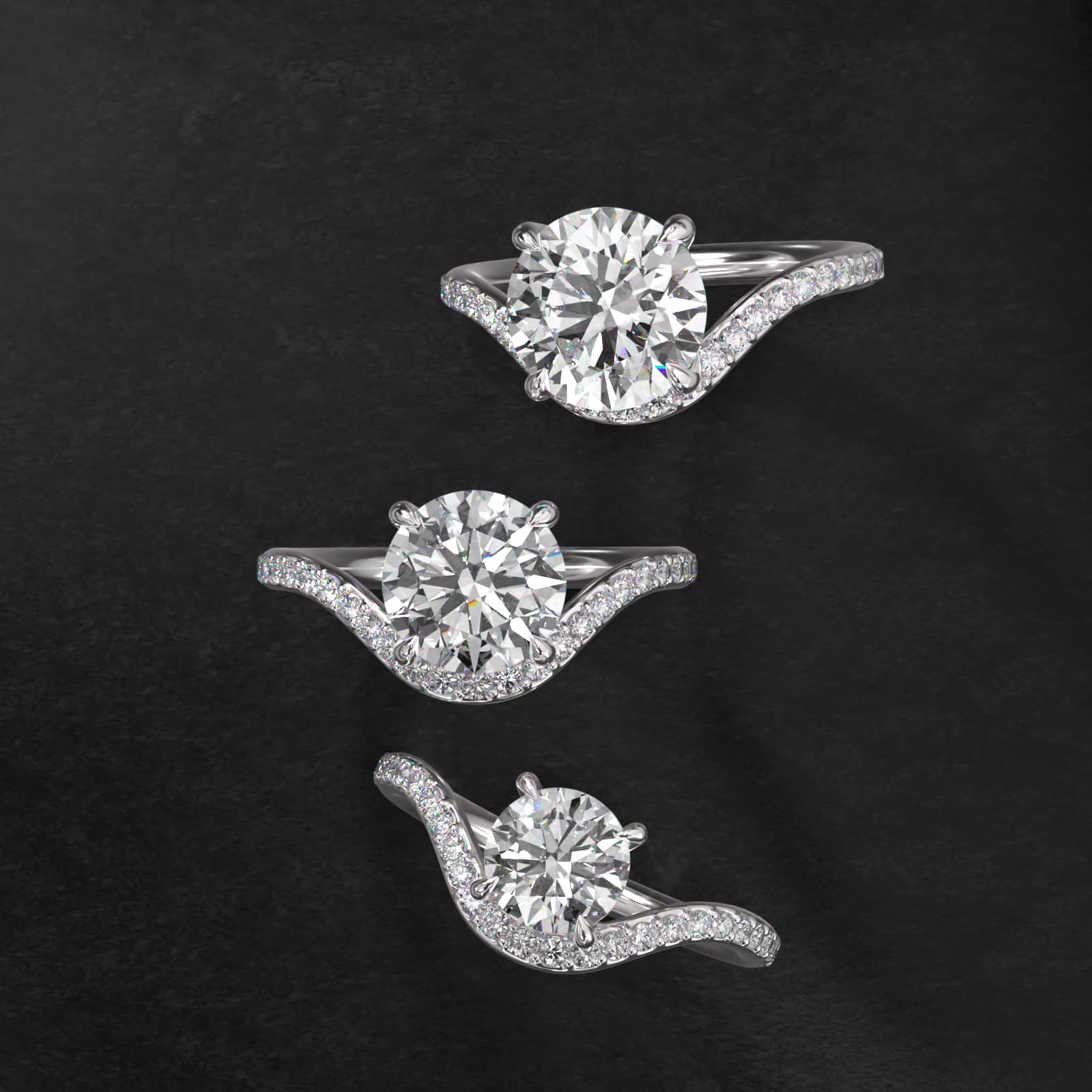 Sculptural Waves Pavé Diamond Engagement Ring in 18K White Gold with Prong Set Round Diamond (2mm)