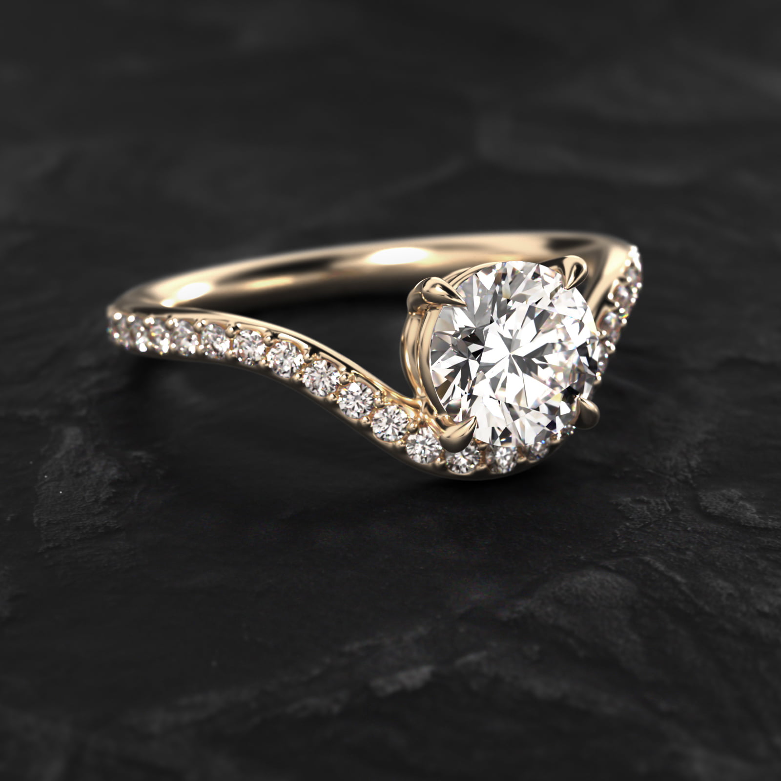 Sculptural Waves Pavé Diamond Engagement Ring in 18K Yellow Gold with Prong Set Round Diamond (2mm)