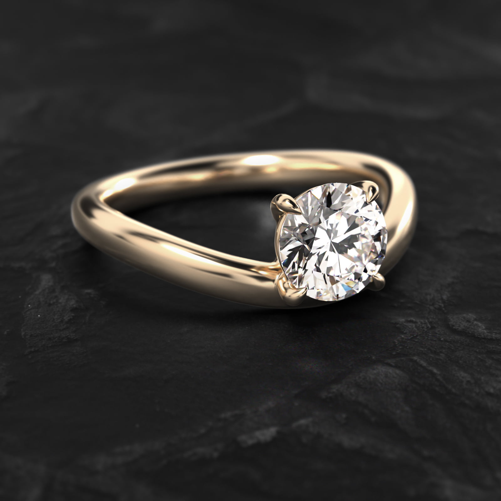 Sculptural Waves Diamond Solitaire Engagement Ring in 14K Yellow Gold with Claw Prong Set  Diamond (2.6mm)