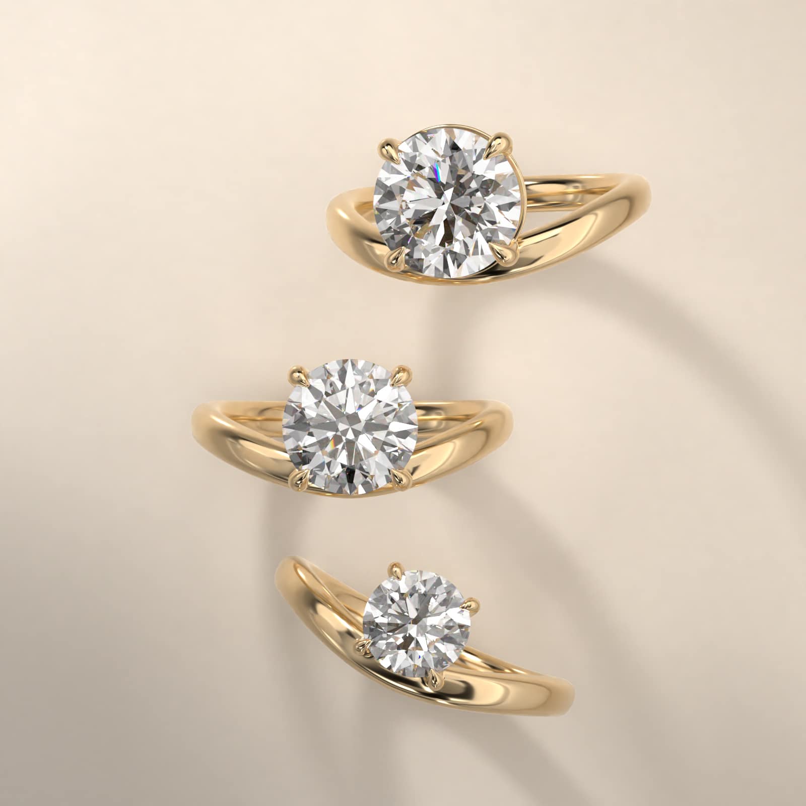 Sculptural Waves Diamond Solitaire Engagement Ring in 14K Yellow Gold with Claw Prong Set  Diamond (2.6mm)