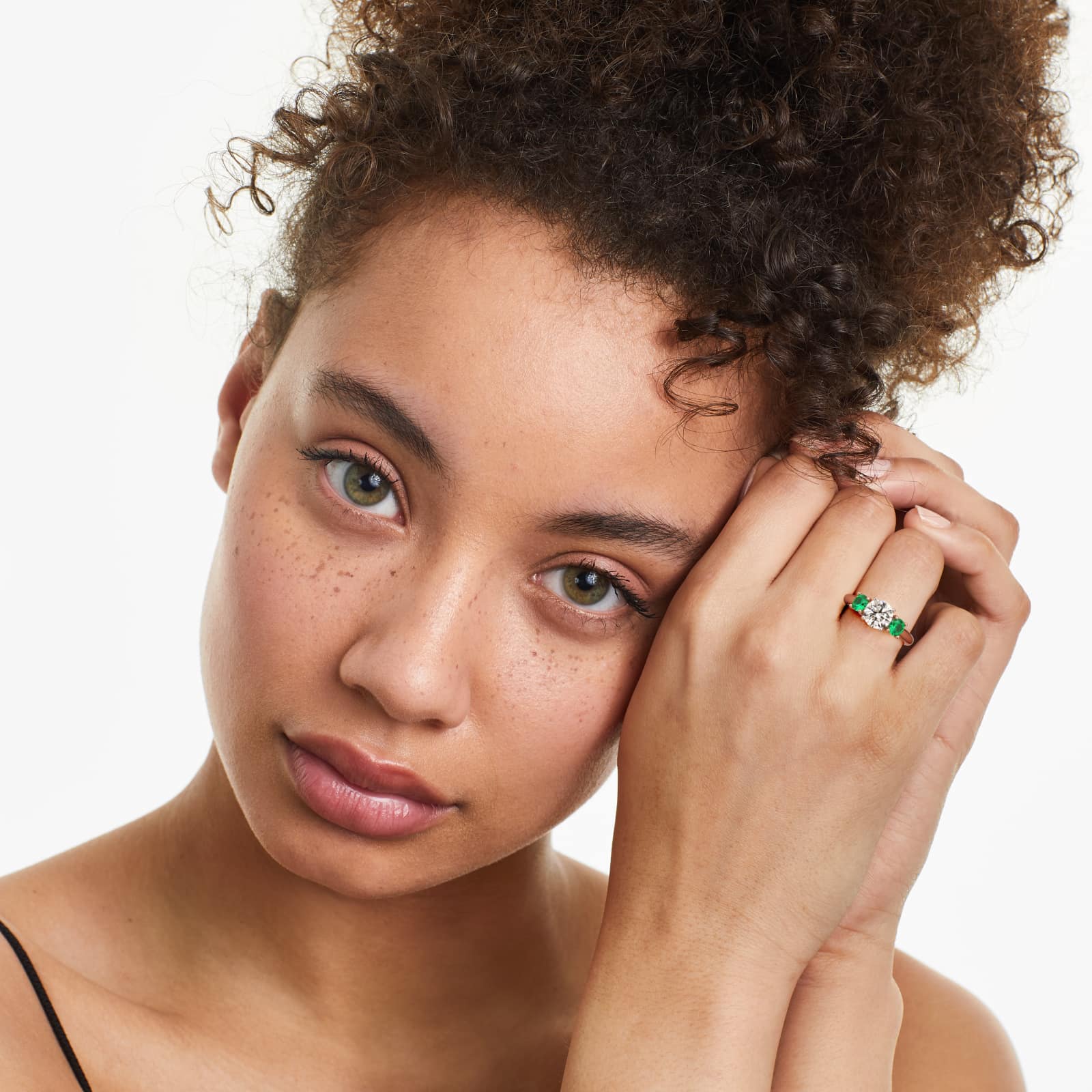 Round Emerald Three Stone Engagement Ring In 14K Rose Gold