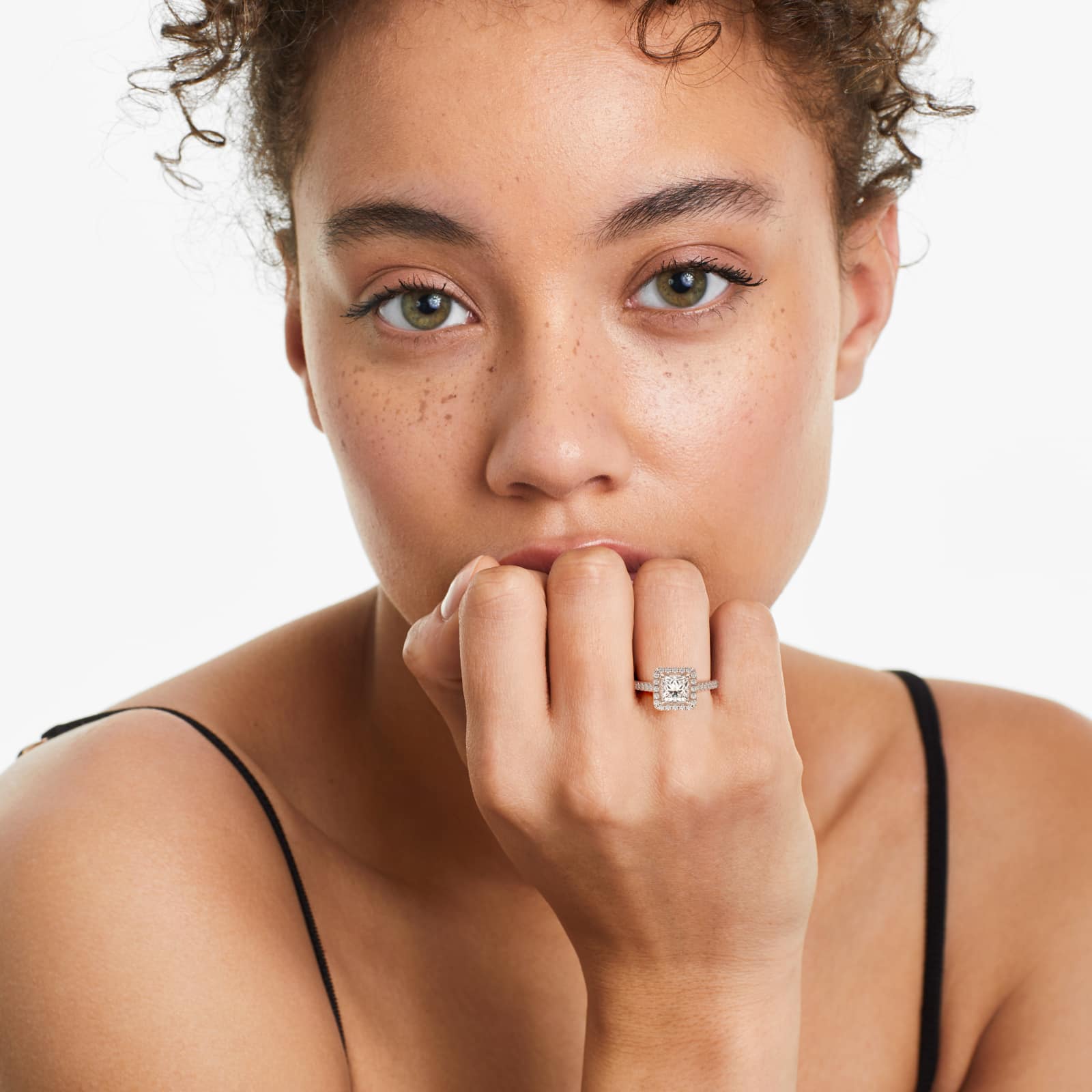 Pavé Diamond Halo Engagement Ring In 14K Rose Gold (Princess)