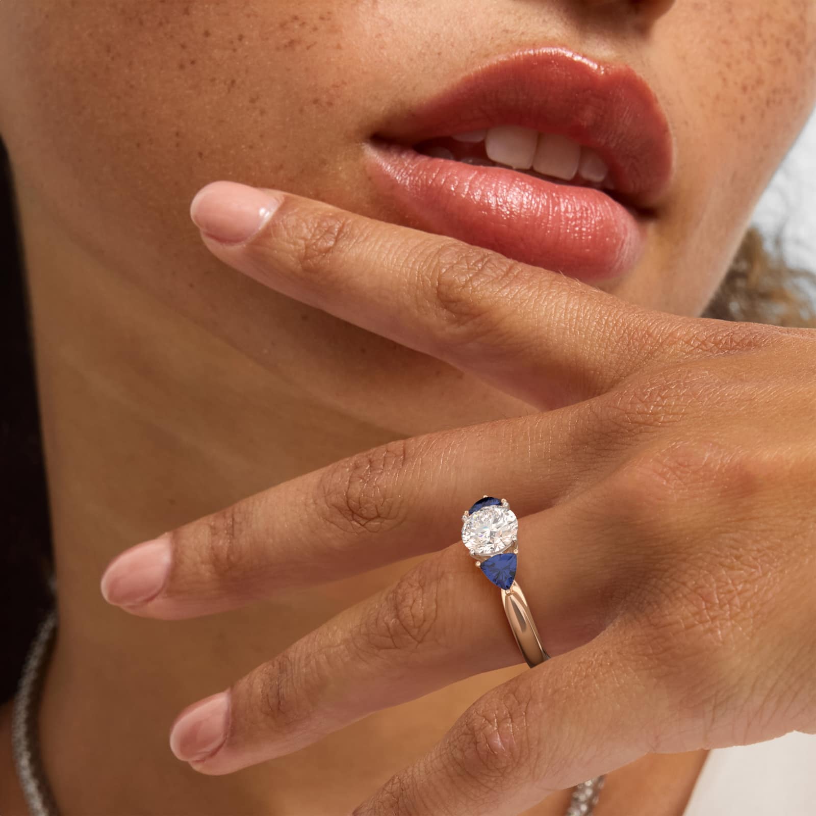 Trillion Cut Blue Sapphire Three Stone Engagement Ring In 14K Rose Gold