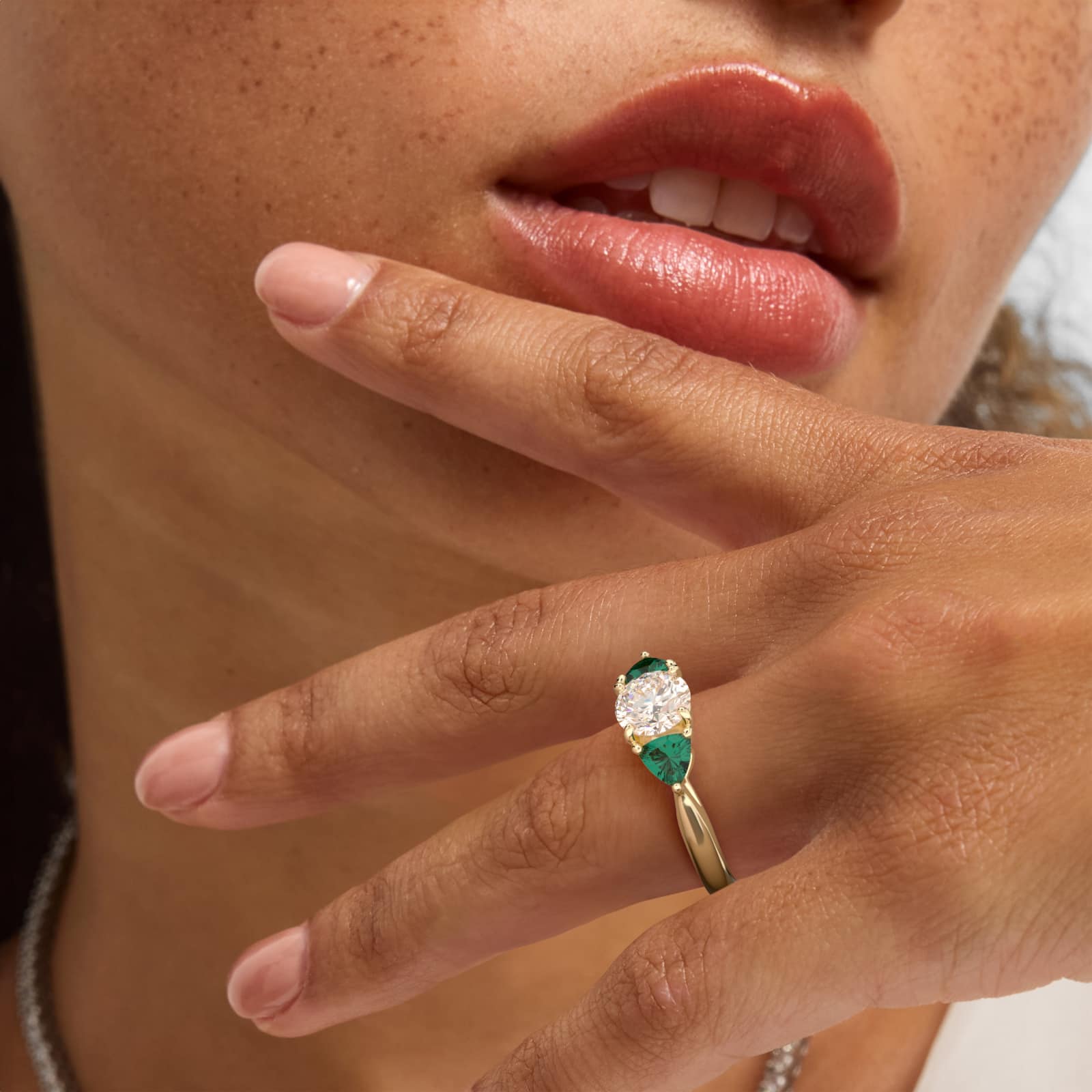 Trillion Cut Emerald Three Stone Engagement Ring In 14K Yellow Gold