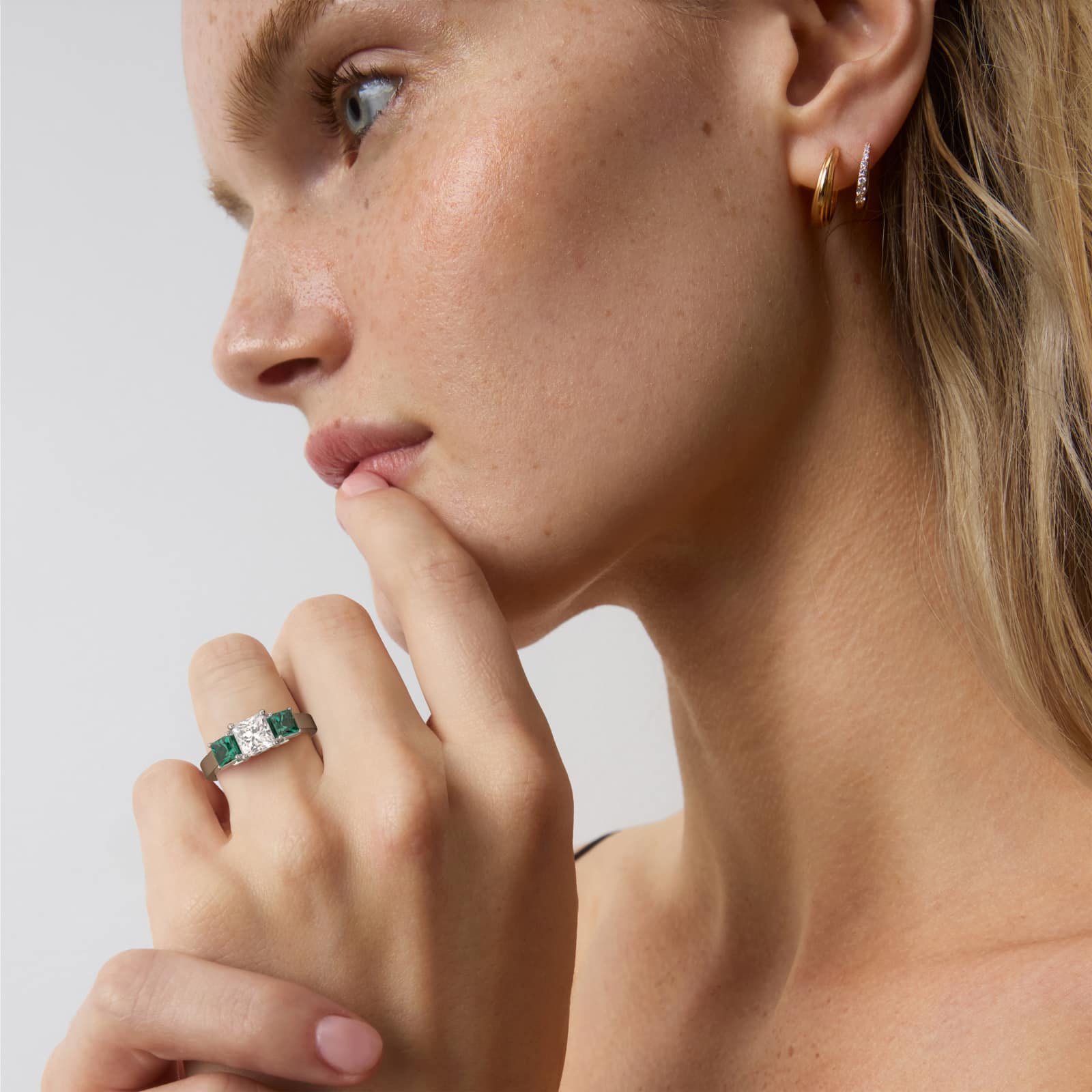 Step-Cut Emerald Three Stone Engagement Ring In 14K White Gold