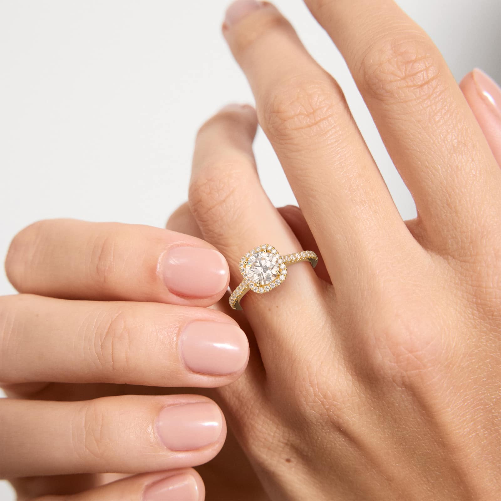 Cushion Outline Pavé Diamond Halo Engagement Ring In 14K Yellow Gold