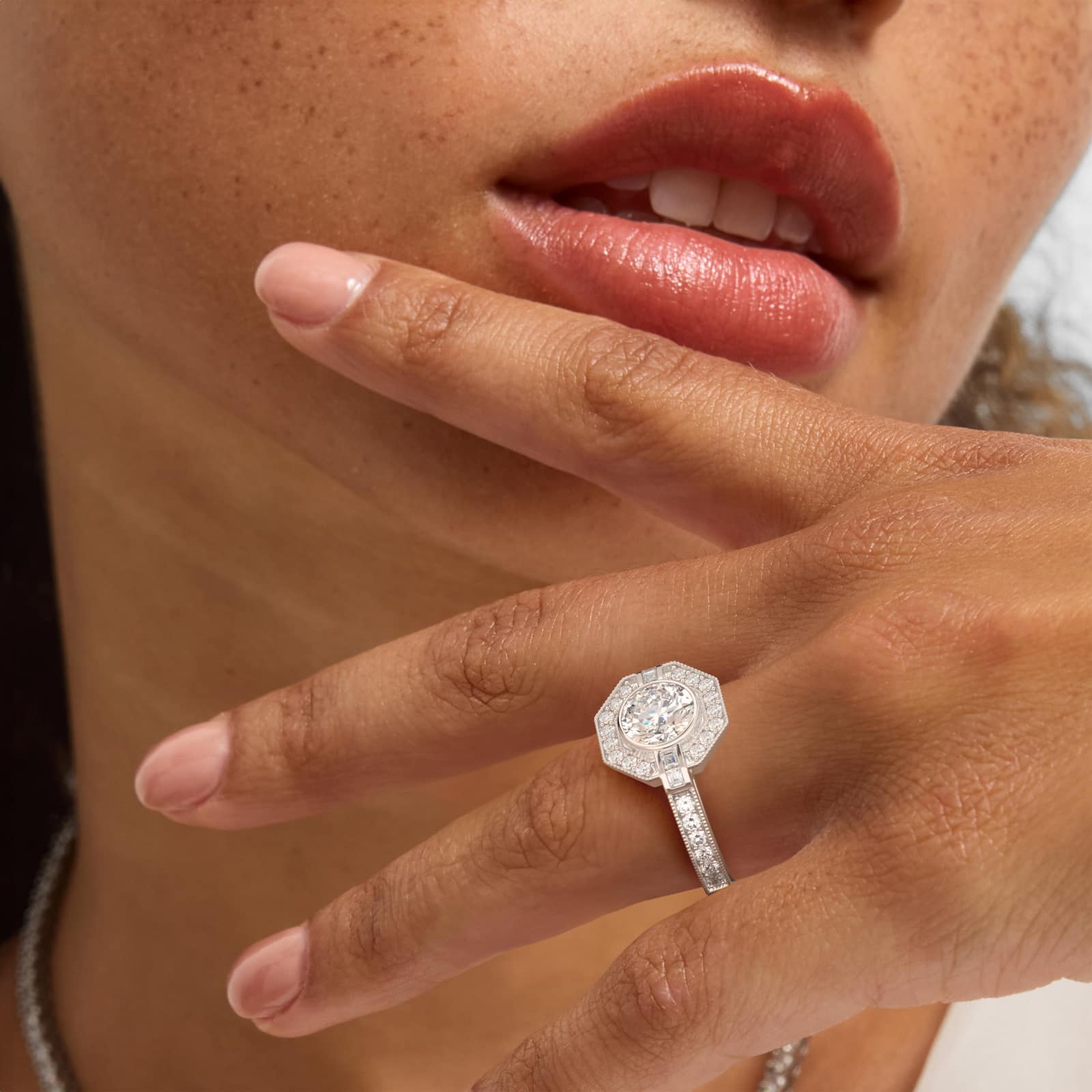 18K White Gold Art Deco Inspired Octagonal Halo Engagement Ring